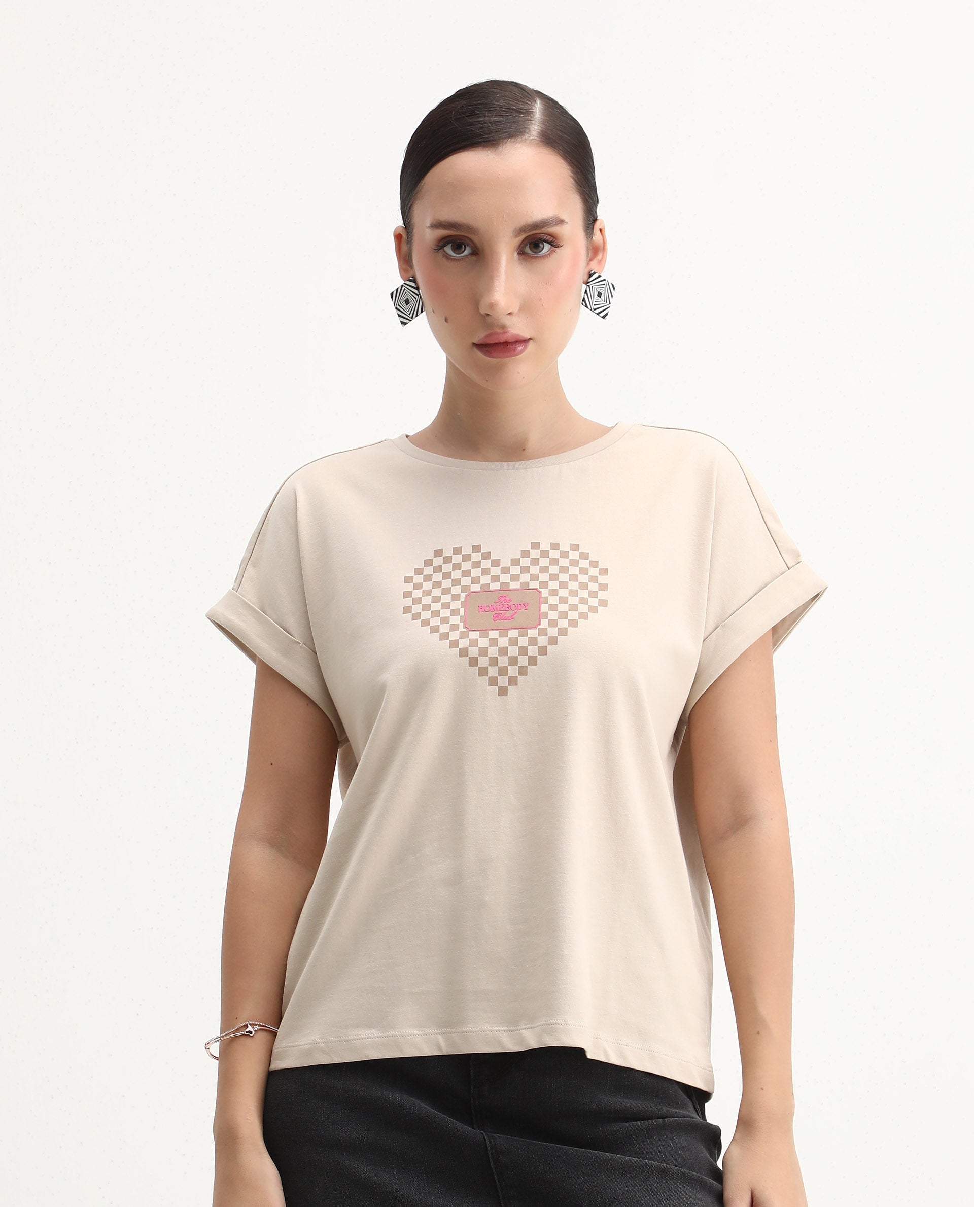 Rareism Women's Hamo Beige Cotton Crew Neck Relaxed Fit T-Shirt