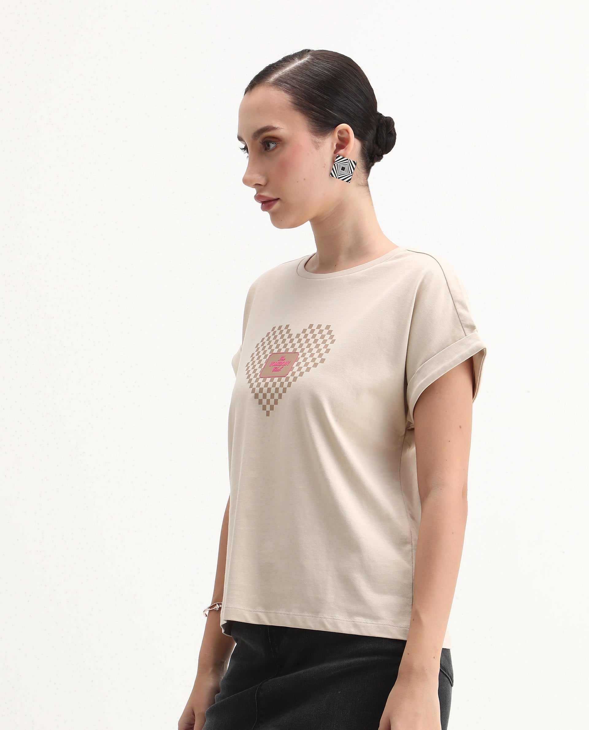 Rareism Women's Hamo Beige Cotton Crew Neck Relaxed Fit T-Shirt