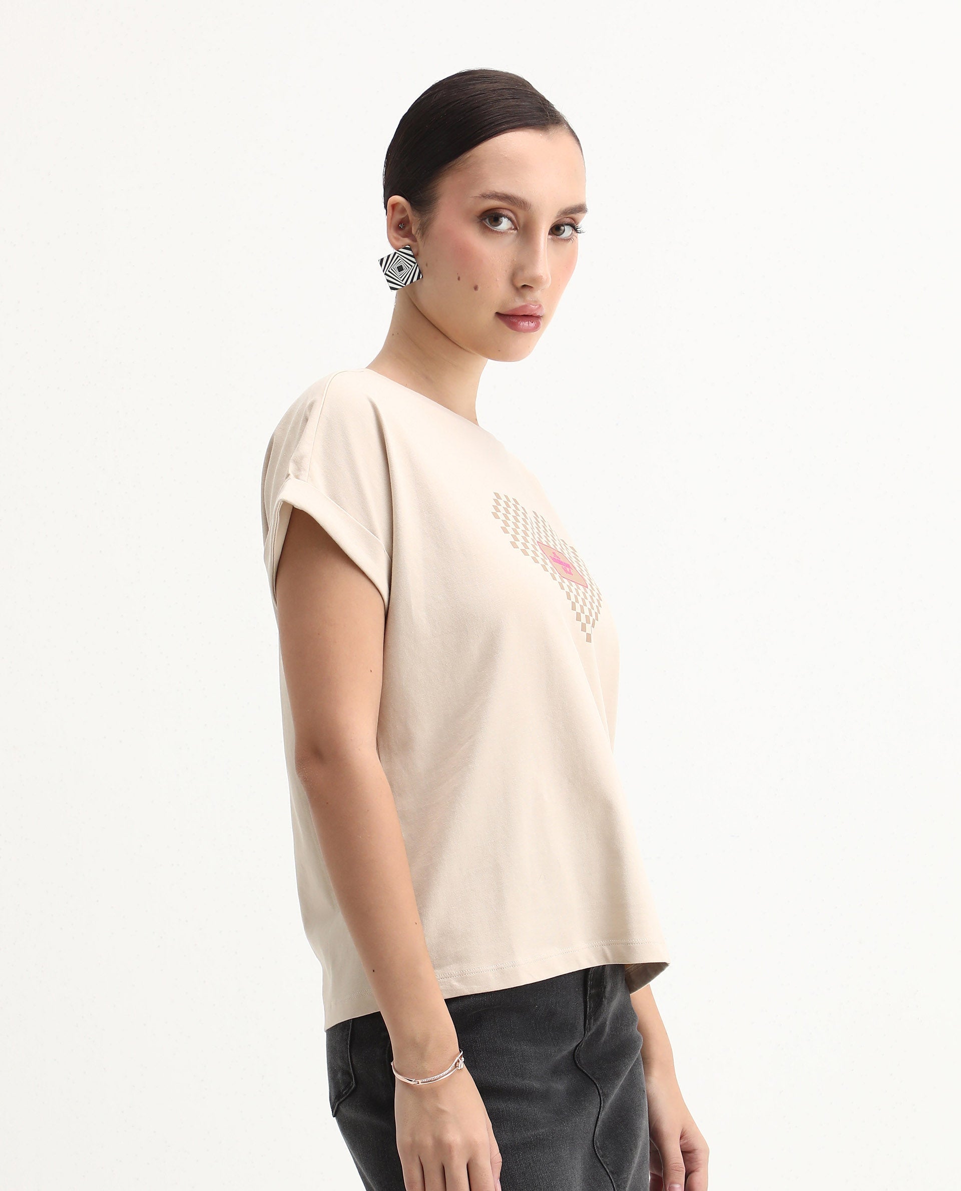 Rareism Women's Hamo Beige Cotton Crew Neck Relaxed Fit T-Shirt