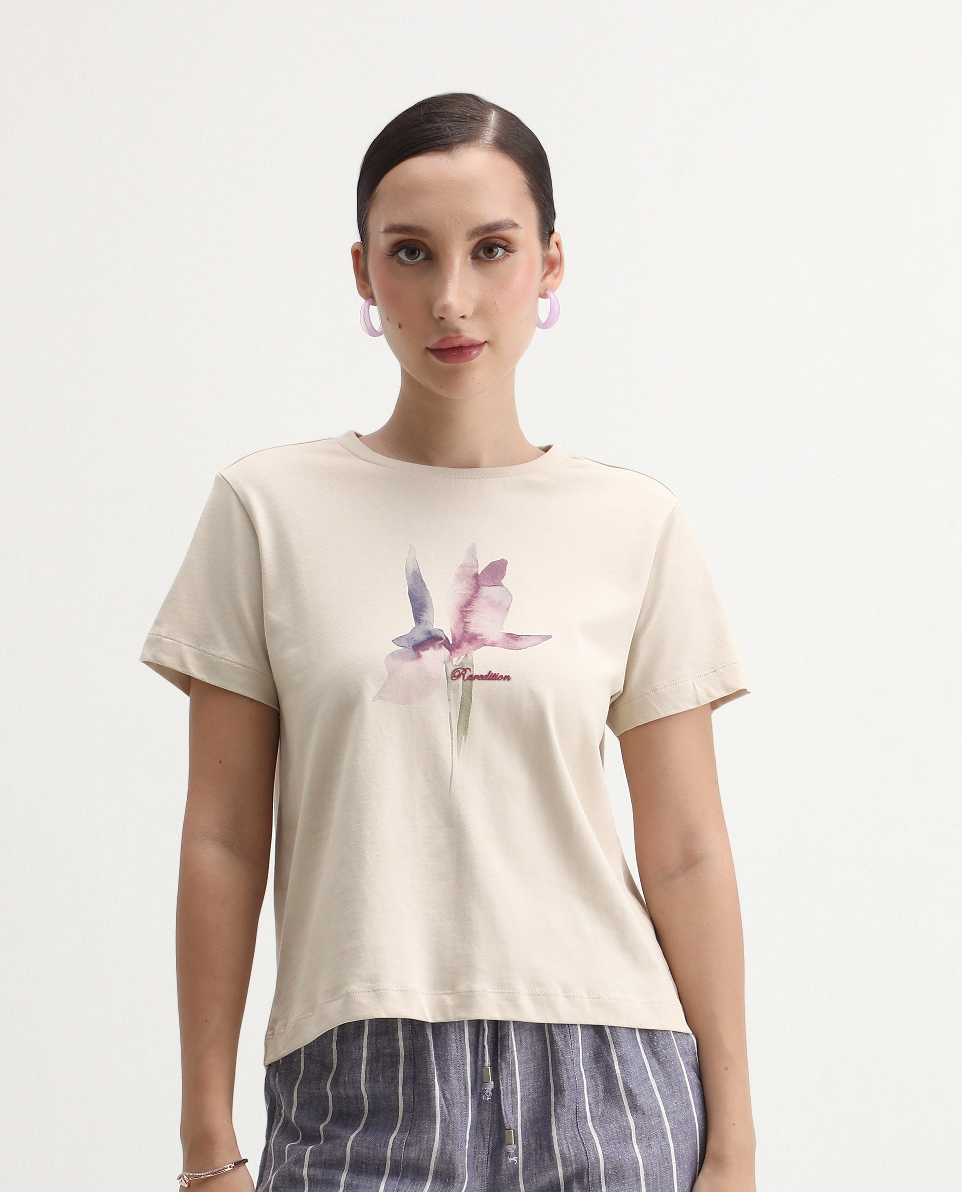 Rareism Women's Starf Beige Cotton Crew Neck Regular Fit T-Shirt