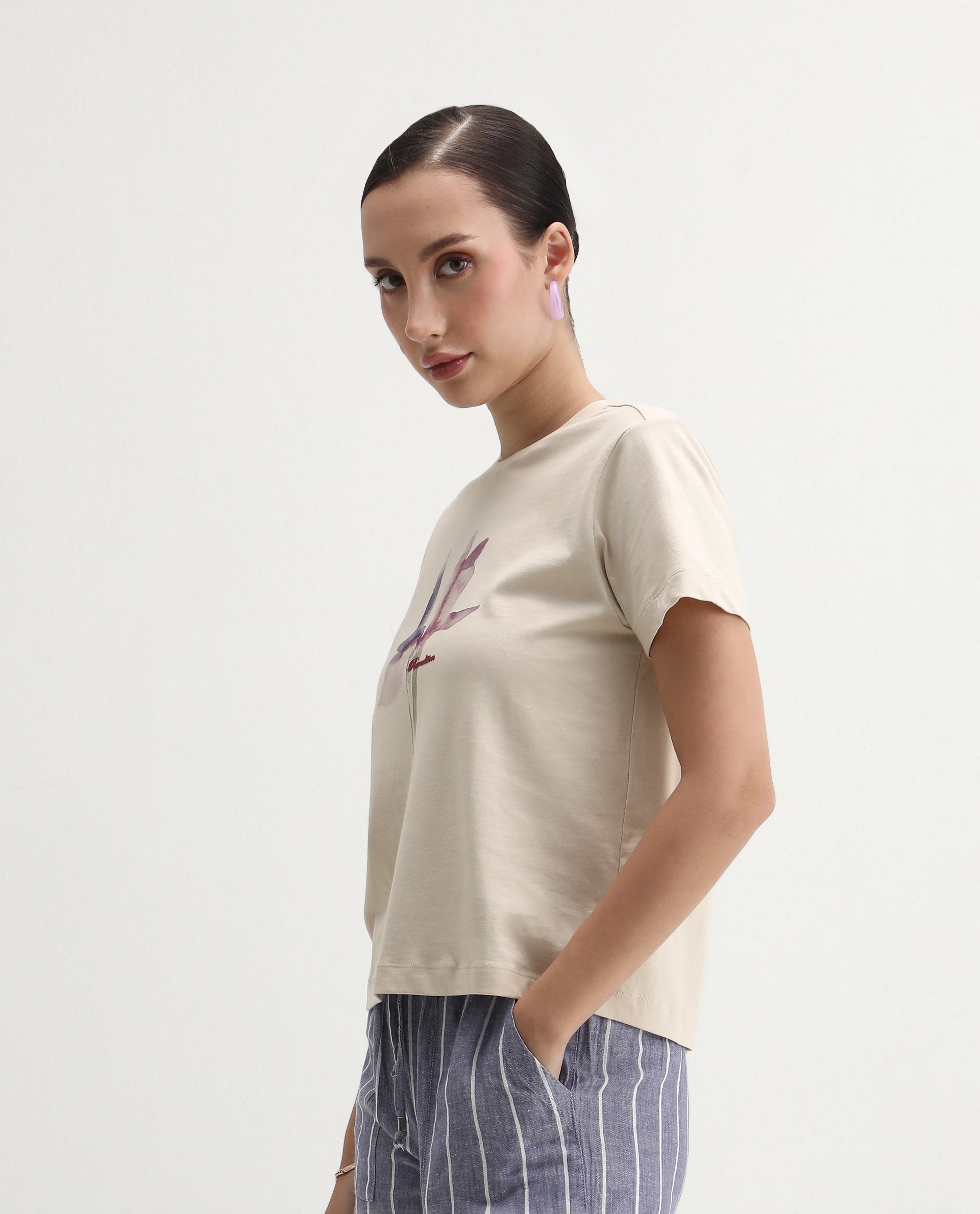 Rareism Women's Starf Beige Cotton Crew Neck Regular Fit T-Shirt