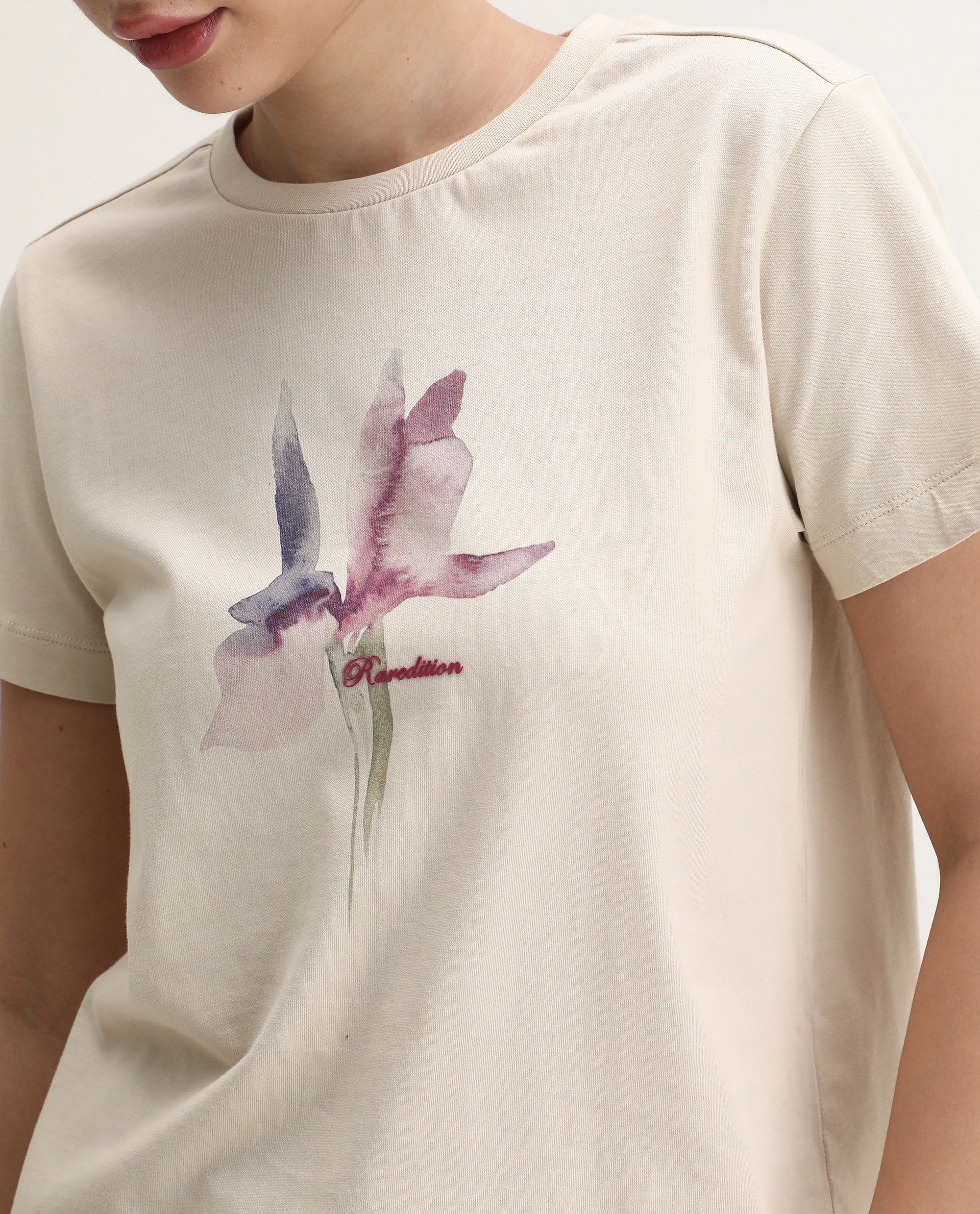 Rareism Women's Starf Beige Cotton Crew Neck Regular Fit T-Shirt