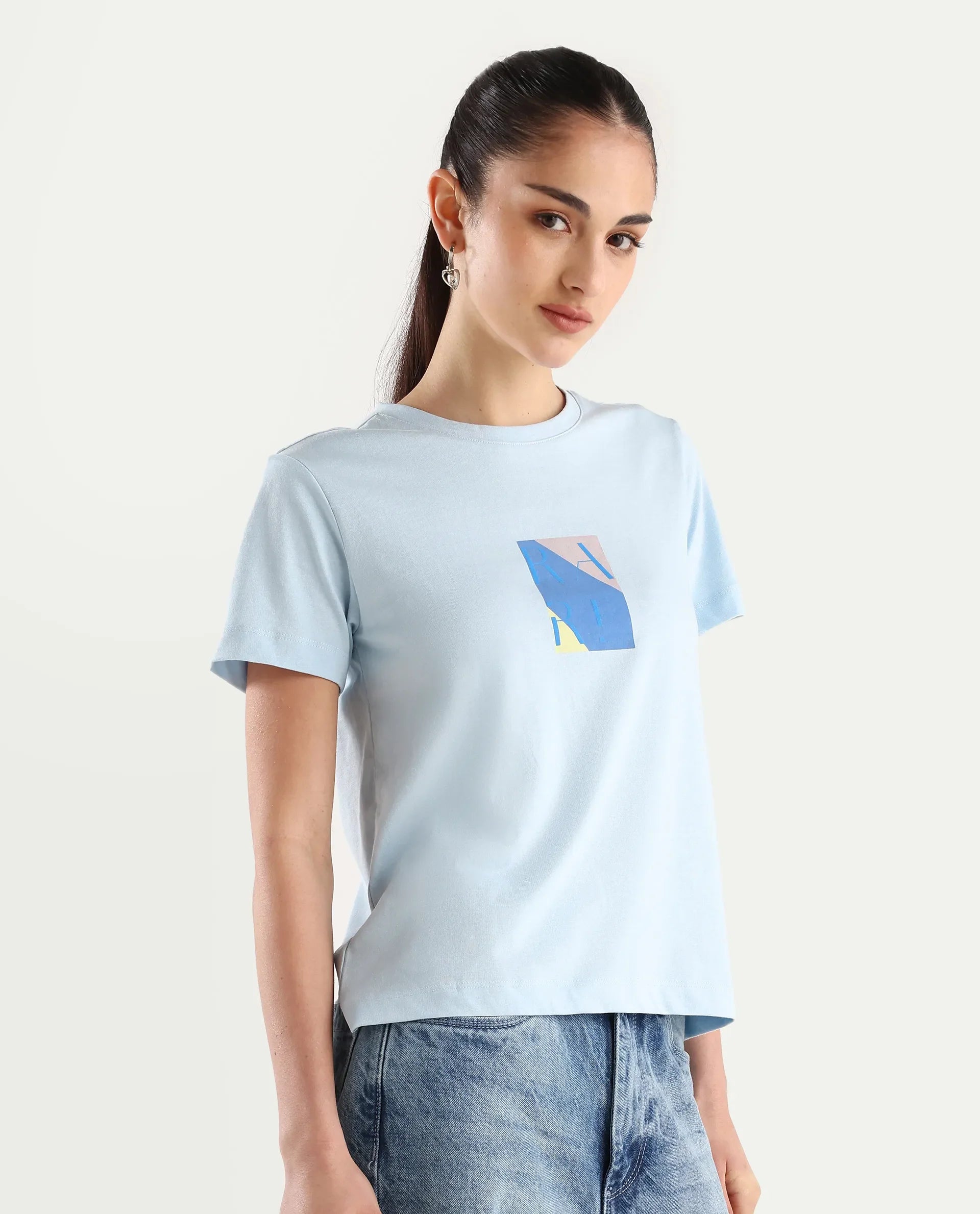 Rareism Women's Hanna Light Blue Cotton Blend Crew Neck Graphic Print Regular Fit T-Shirt