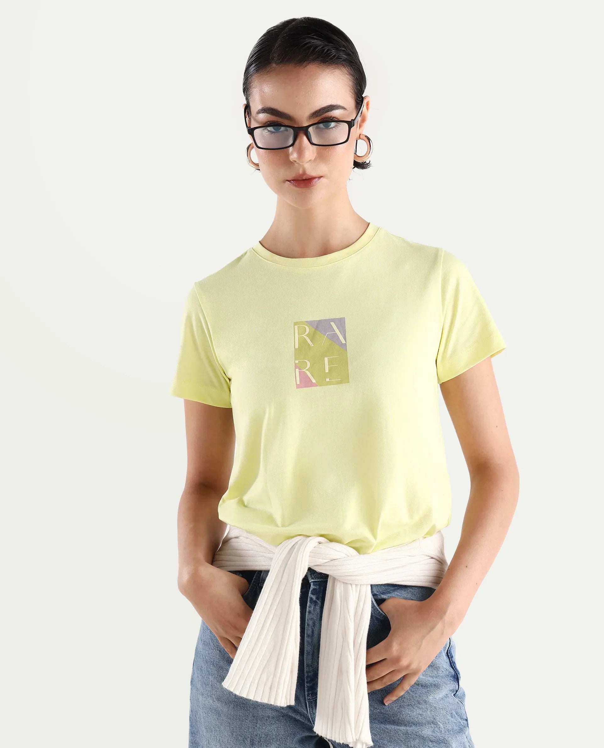 Rareism Women's Hanna Yellow Cotton Blend Crew Neck Graphic Print Regular Fit T-Shirt