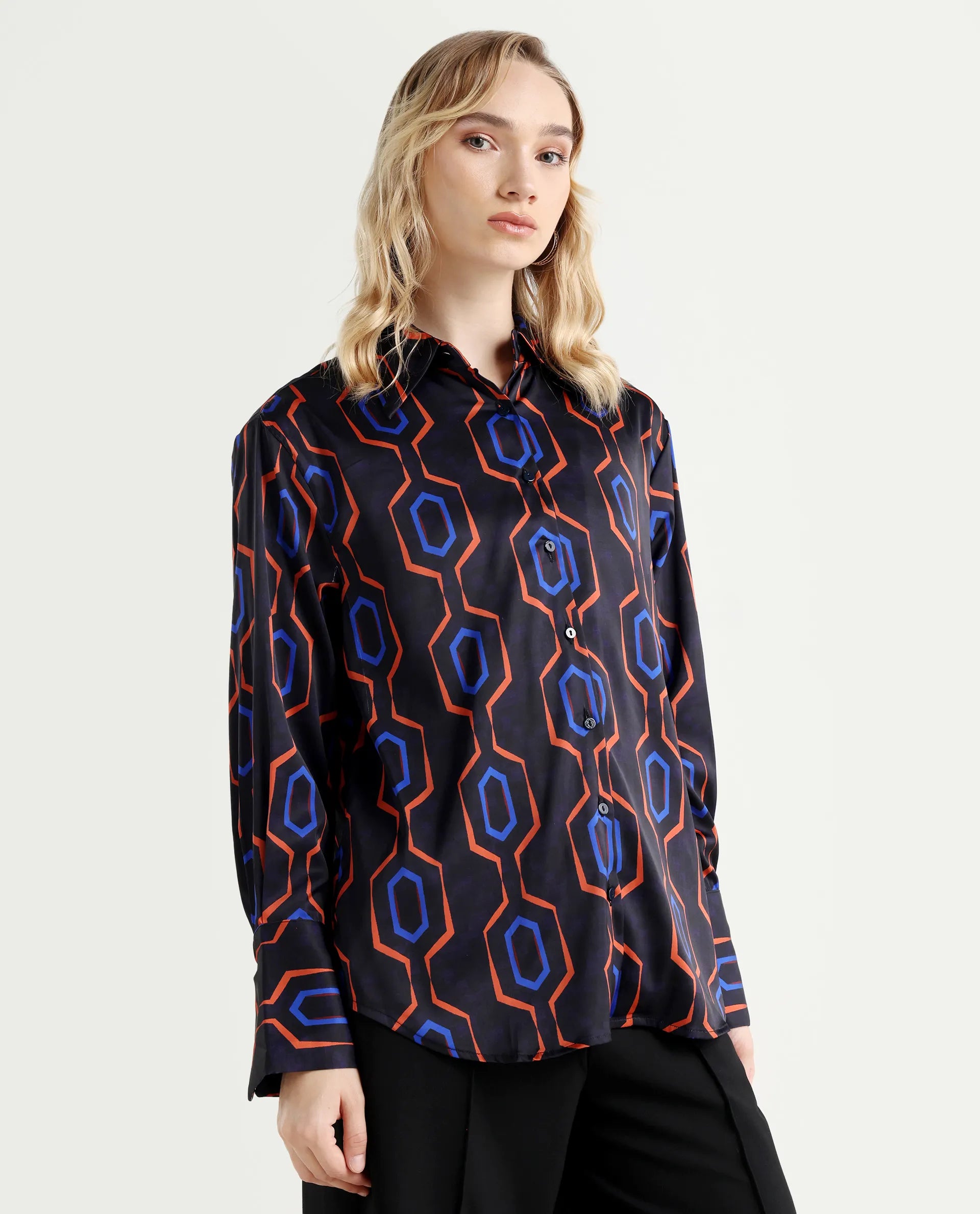 Rareism Women's Harbe Black Polyester Spread Collar Geometric Print Regular Fit Shirt