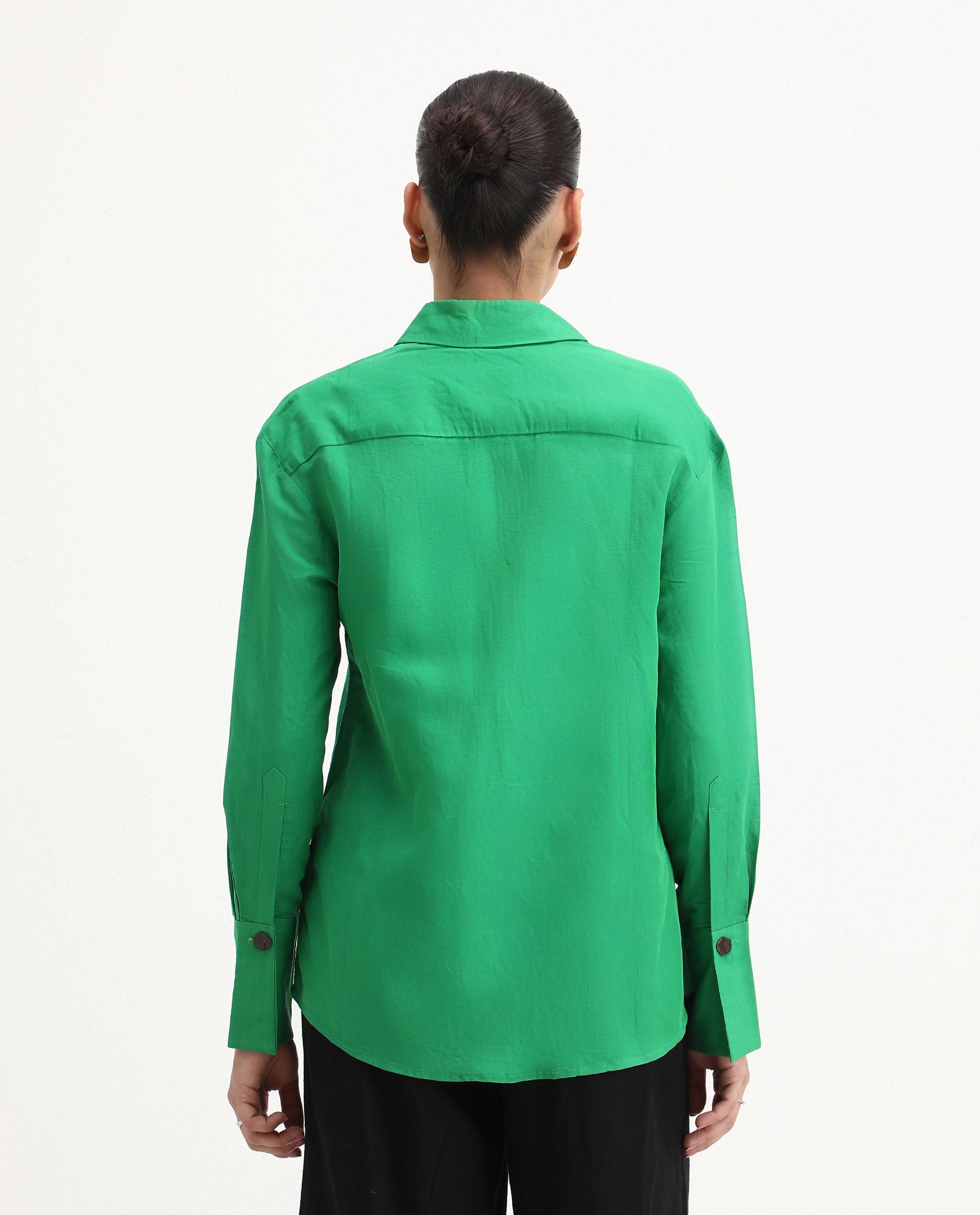 Rareism Women's Harper Green Linen Spread Collar Plain Regular Fit Top