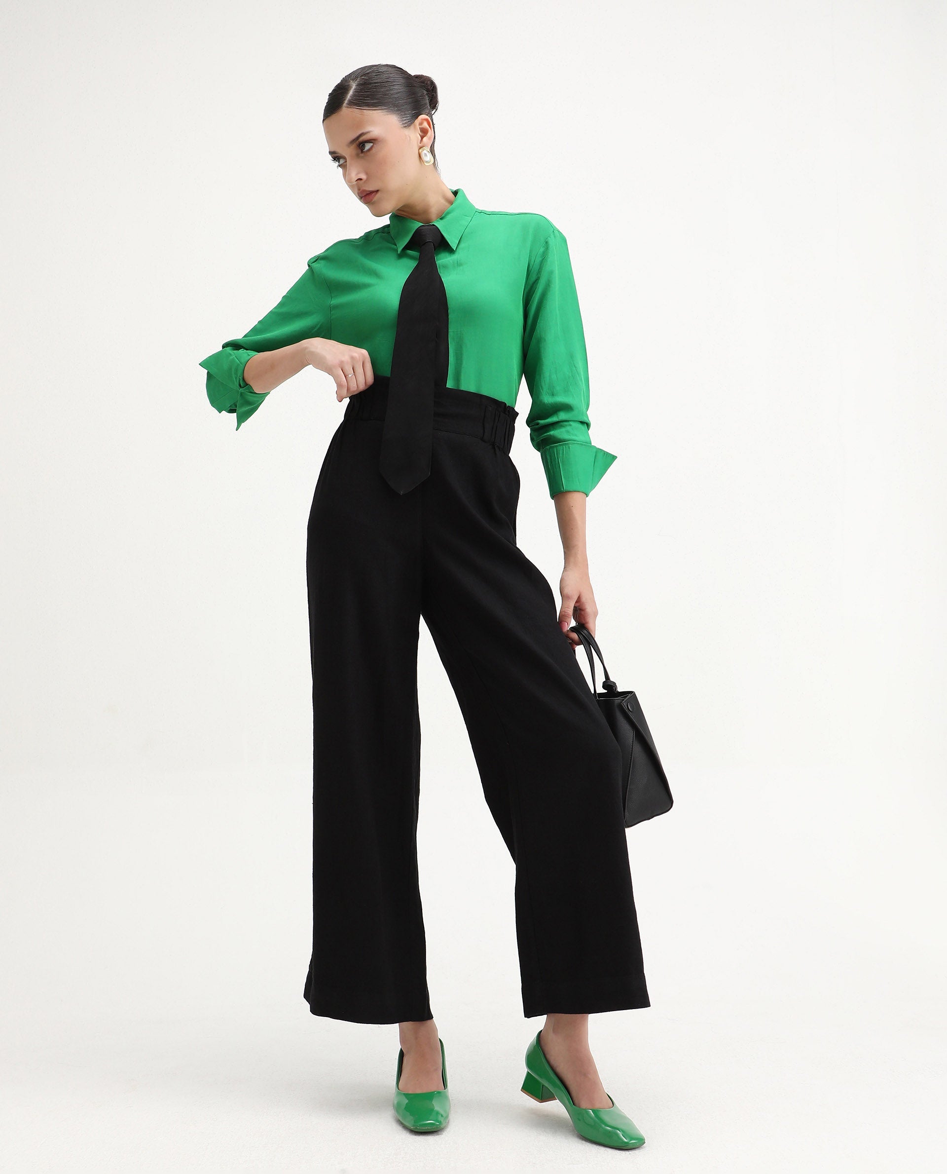 Rareism Women's Harper Green Linen Spread Collar Plain Regular Fit Top