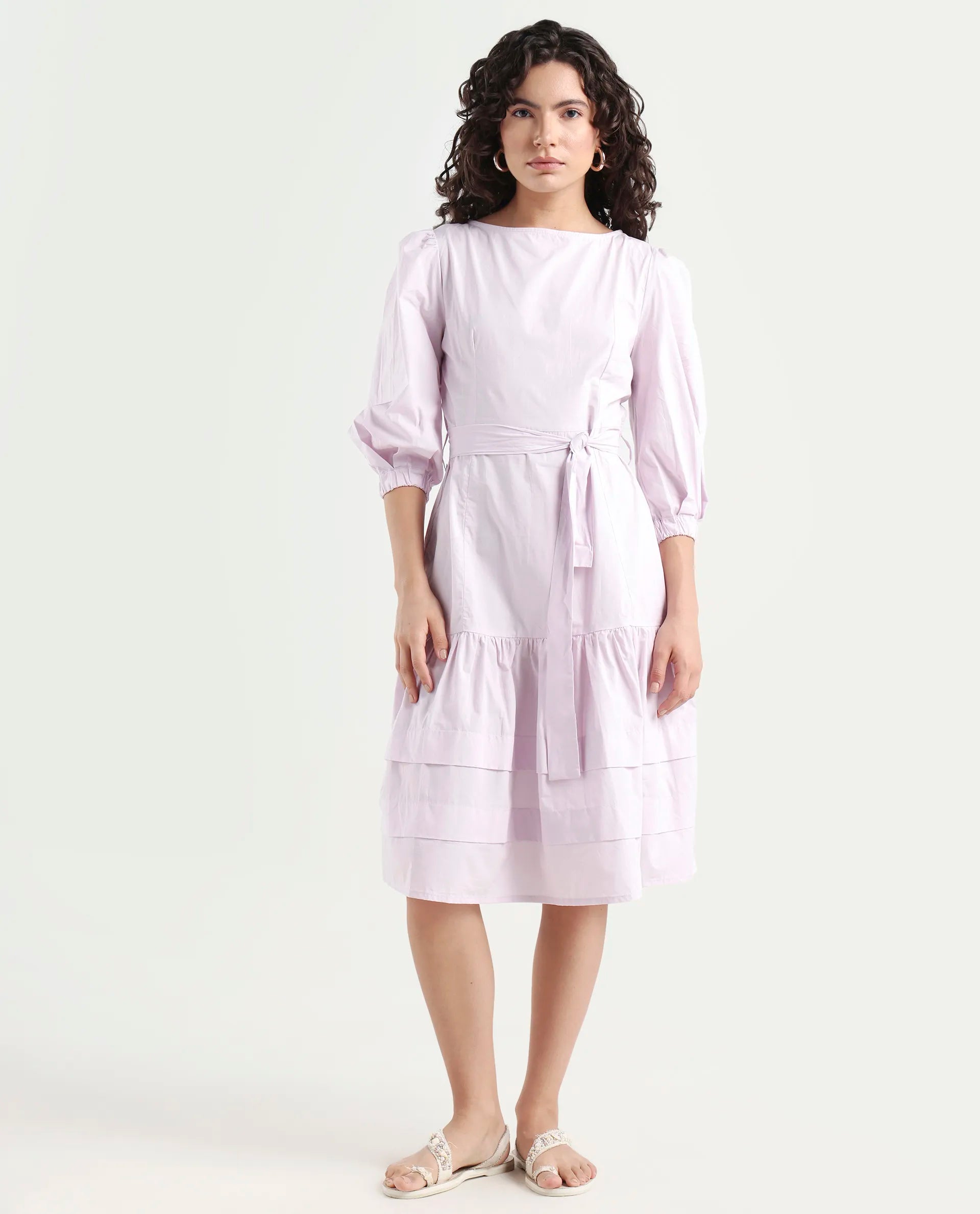 Rareism Women's Hay Purple Cotton Boat Neck Plain Puff Sleeves Knee Length Regular Fit Dress