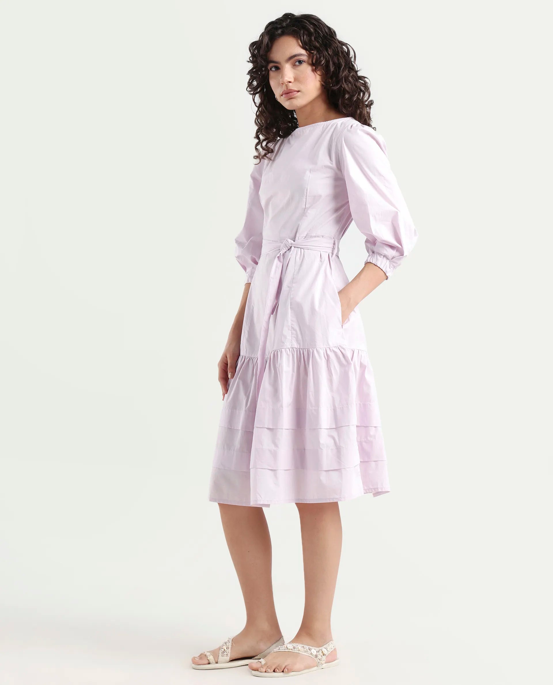 Rareism Women's Hay Purple Cotton Boat Neck Plain Puff Sleeves Knee Length Regular Fit Dress