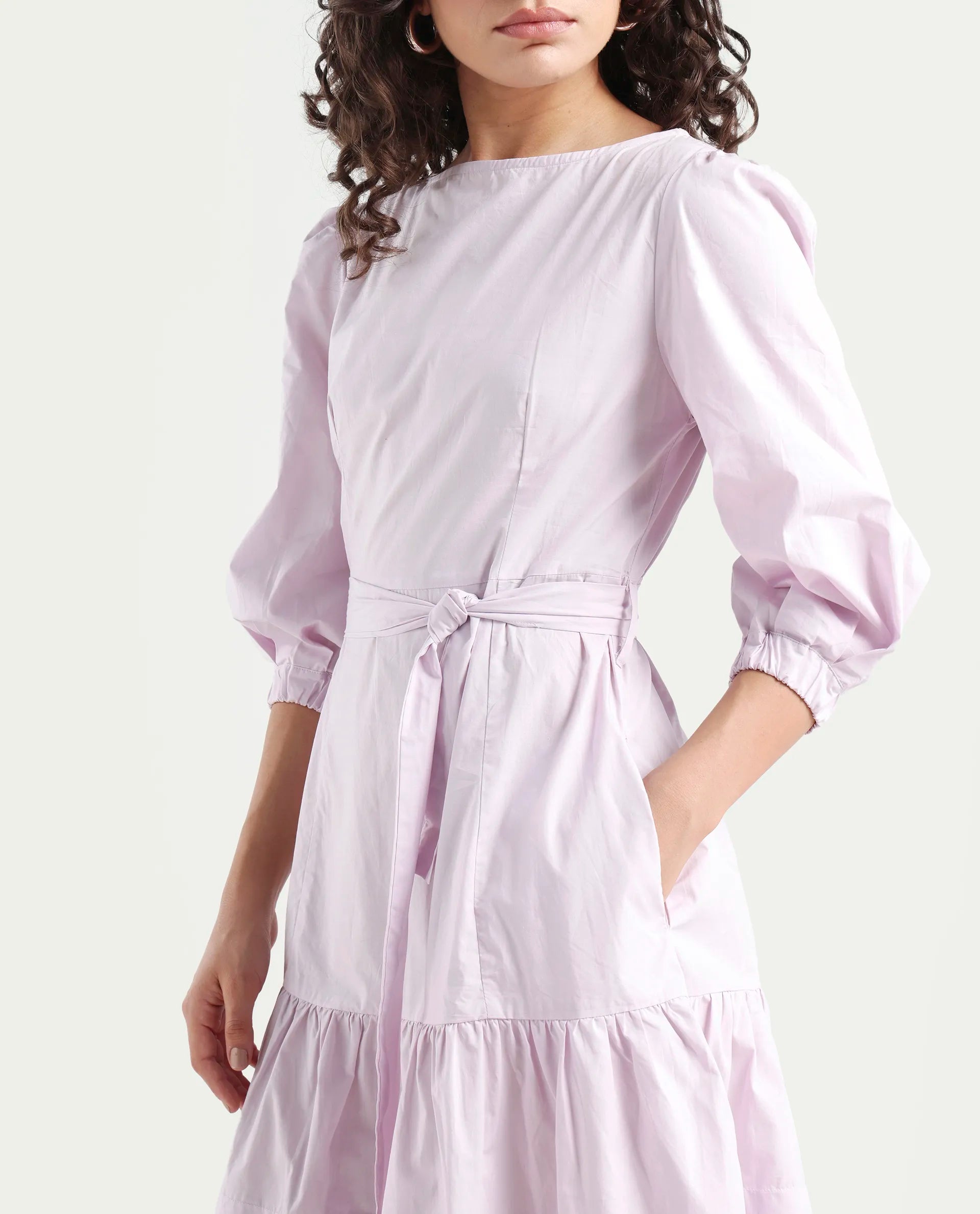 Rareism Women's Hay Purple Cotton Boat Neck Plain Puff Sleeves Knee Length Regular Fit Dress