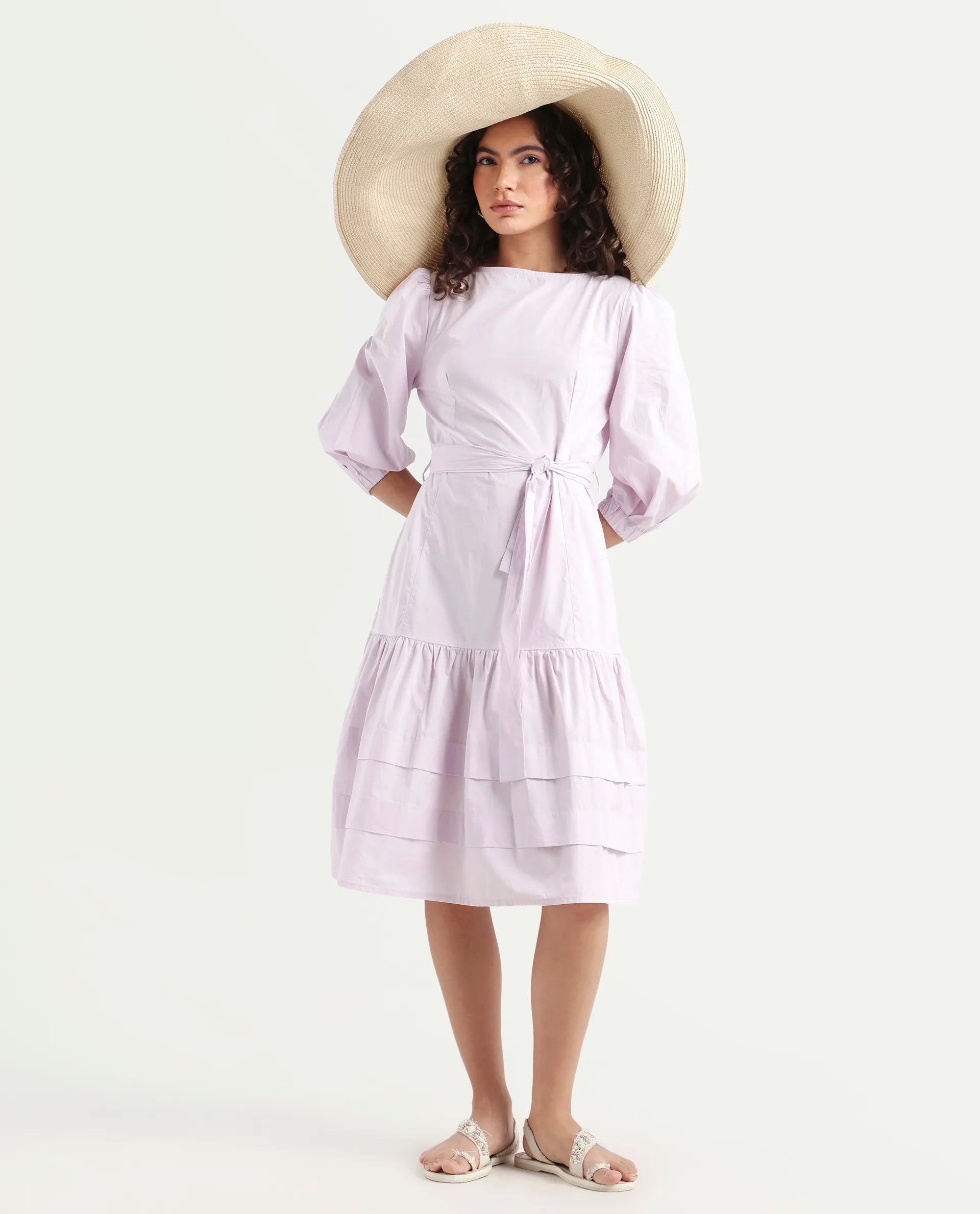 Rareism Women's Hay Purple Cotton Boat Neck Plain Puff Sleeves Knee Length Regular Fit Dress