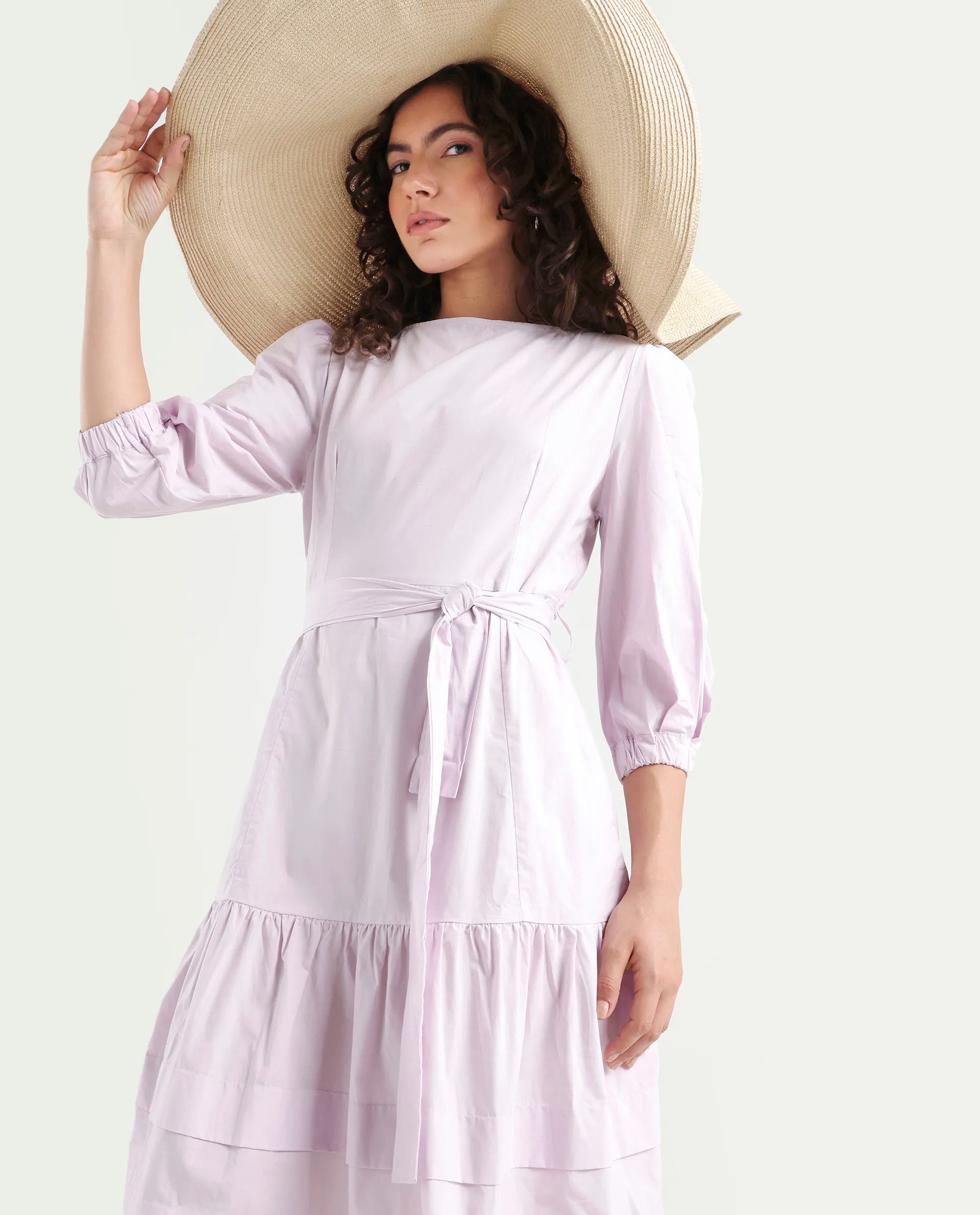 Rareism Women's Hay Purple Cotton Boat Neck Plain Puff Sleeves Knee Length Regular Fit Dress