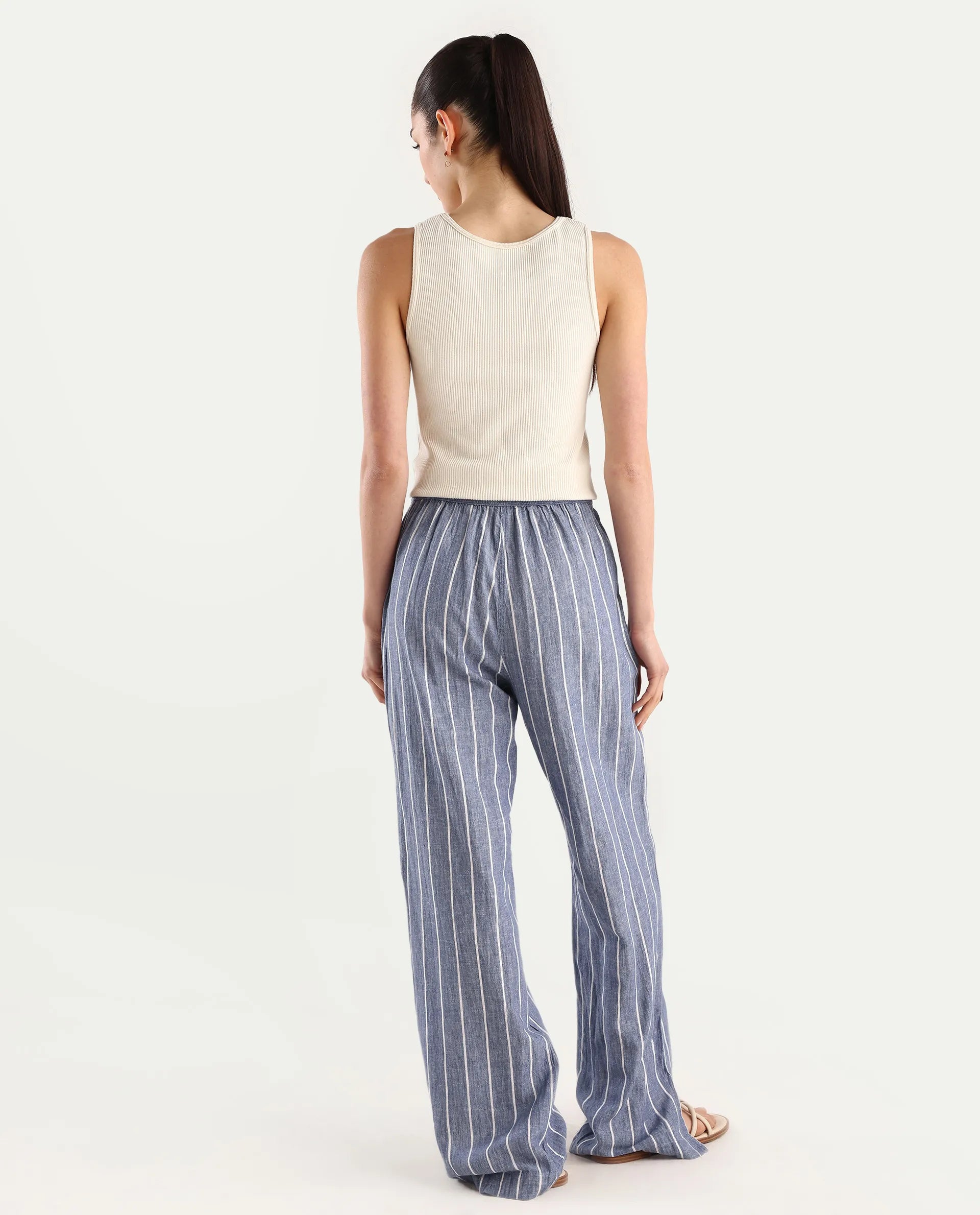 Rareism Women's Helena Blue Linen Striped Ankle Length Relaxed Fit Trouser