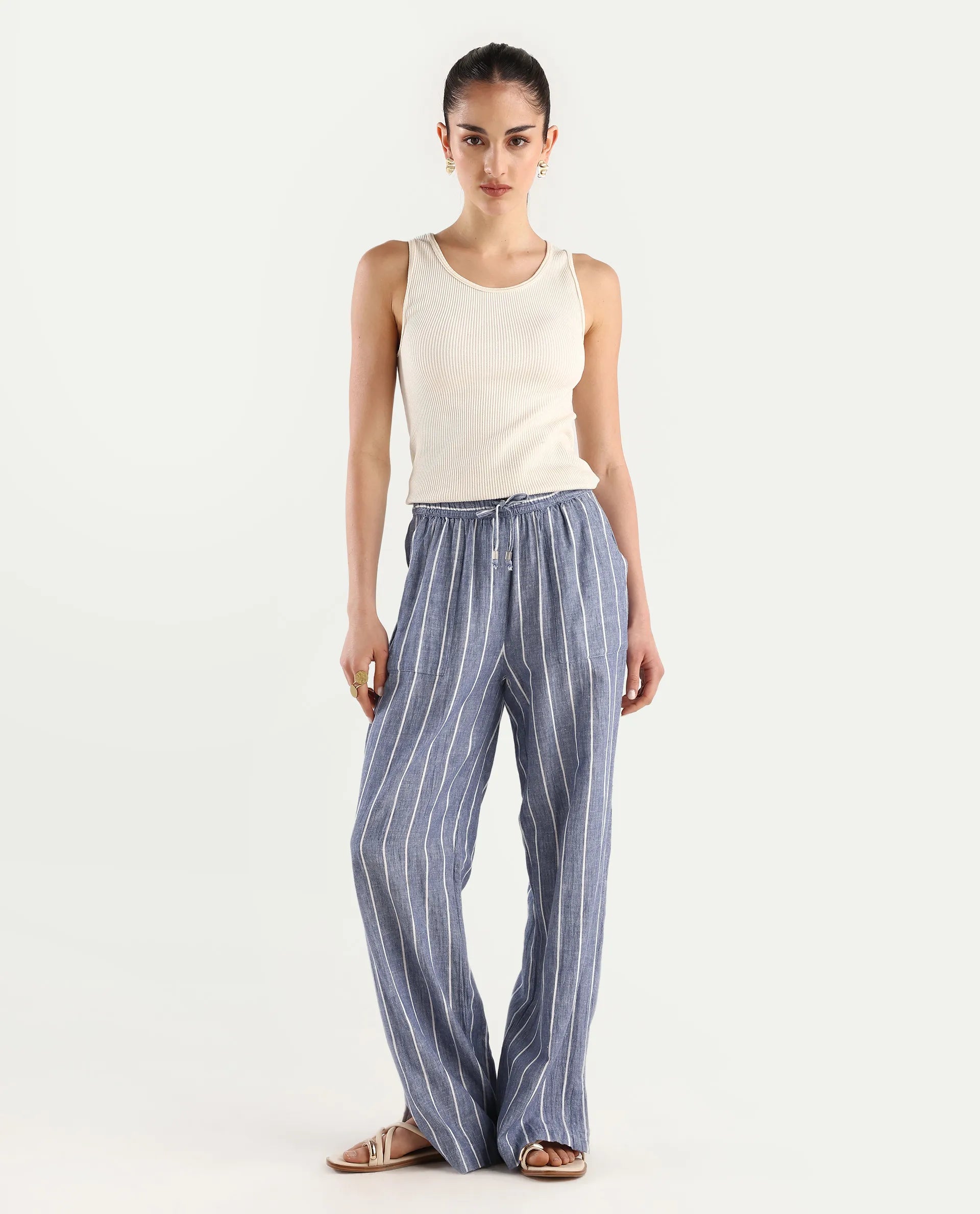 Rareism Women's Helena Blue Linen Striped Ankle Length Relaxed Fit Trouser