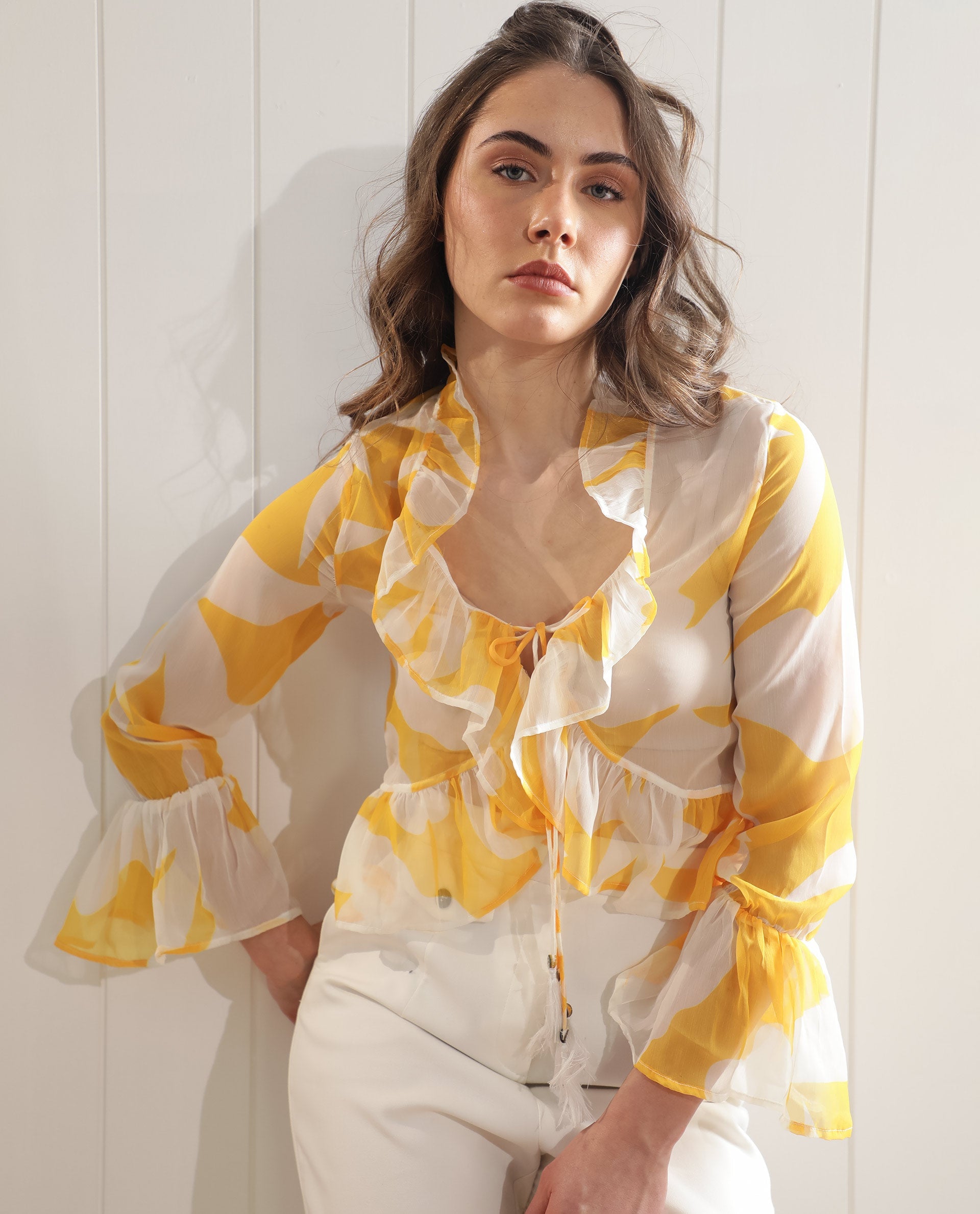 Rareism Women Simone White Polyester Fabric Full Sleeves Tie-Up Closure V-Neck Bell Sleeve Regular Fit Floral Print Shrug