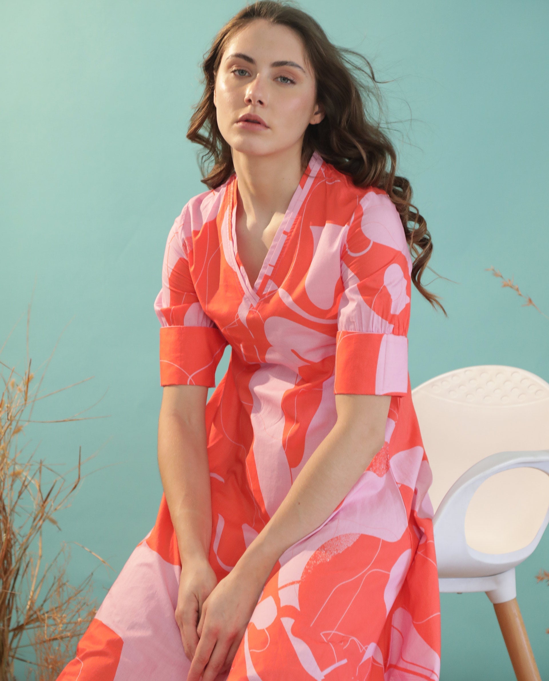 Rareism Women Daphne Orange Cotton Fabric 3/4Th Sleeves V-Neck Regular Fit Abstract Print Knee Length Asymmetric Dress