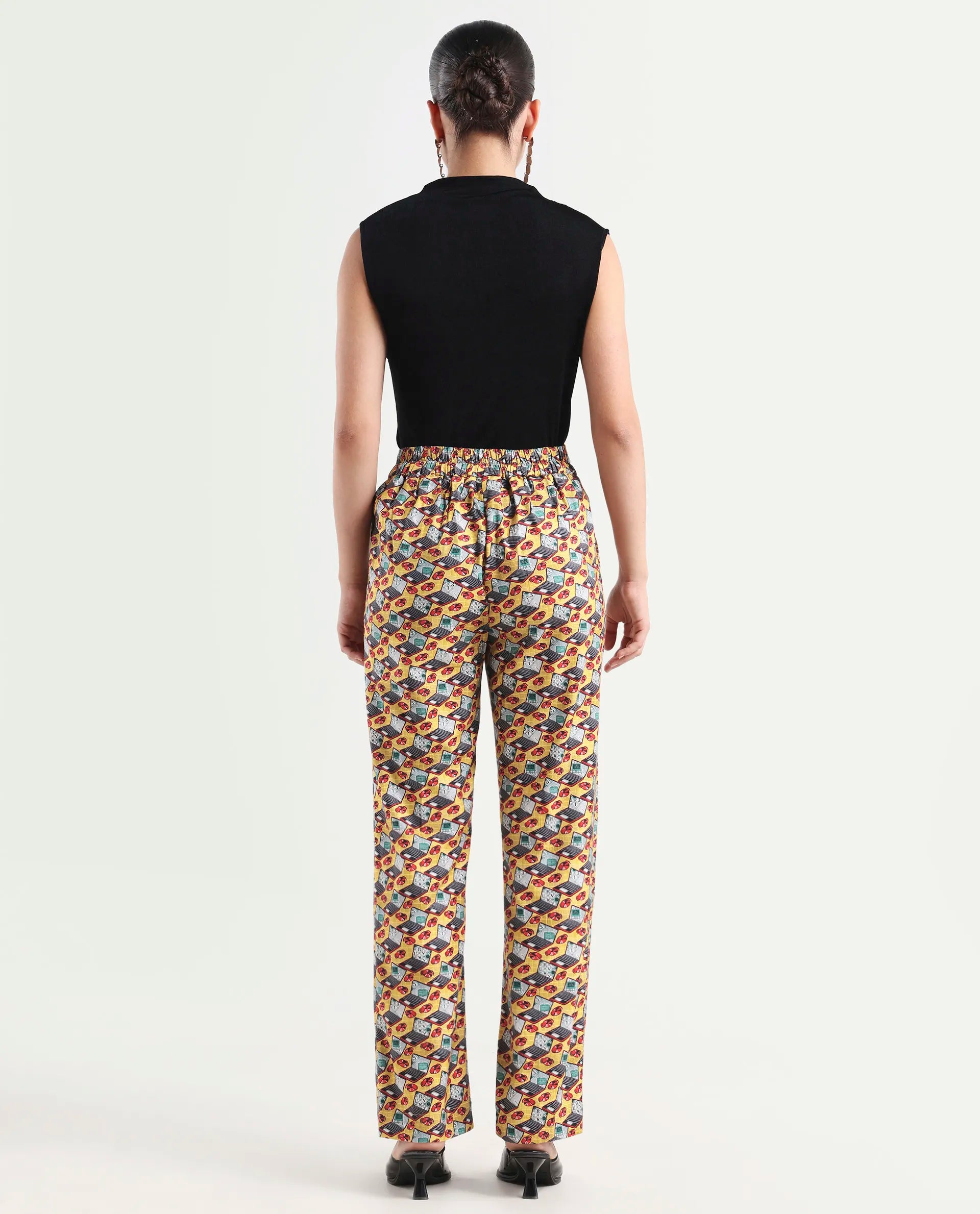 Rareism Women's Hertie-B Yellow Cotton Blend Geometric Print Ankle Length Straight Fit Trouser