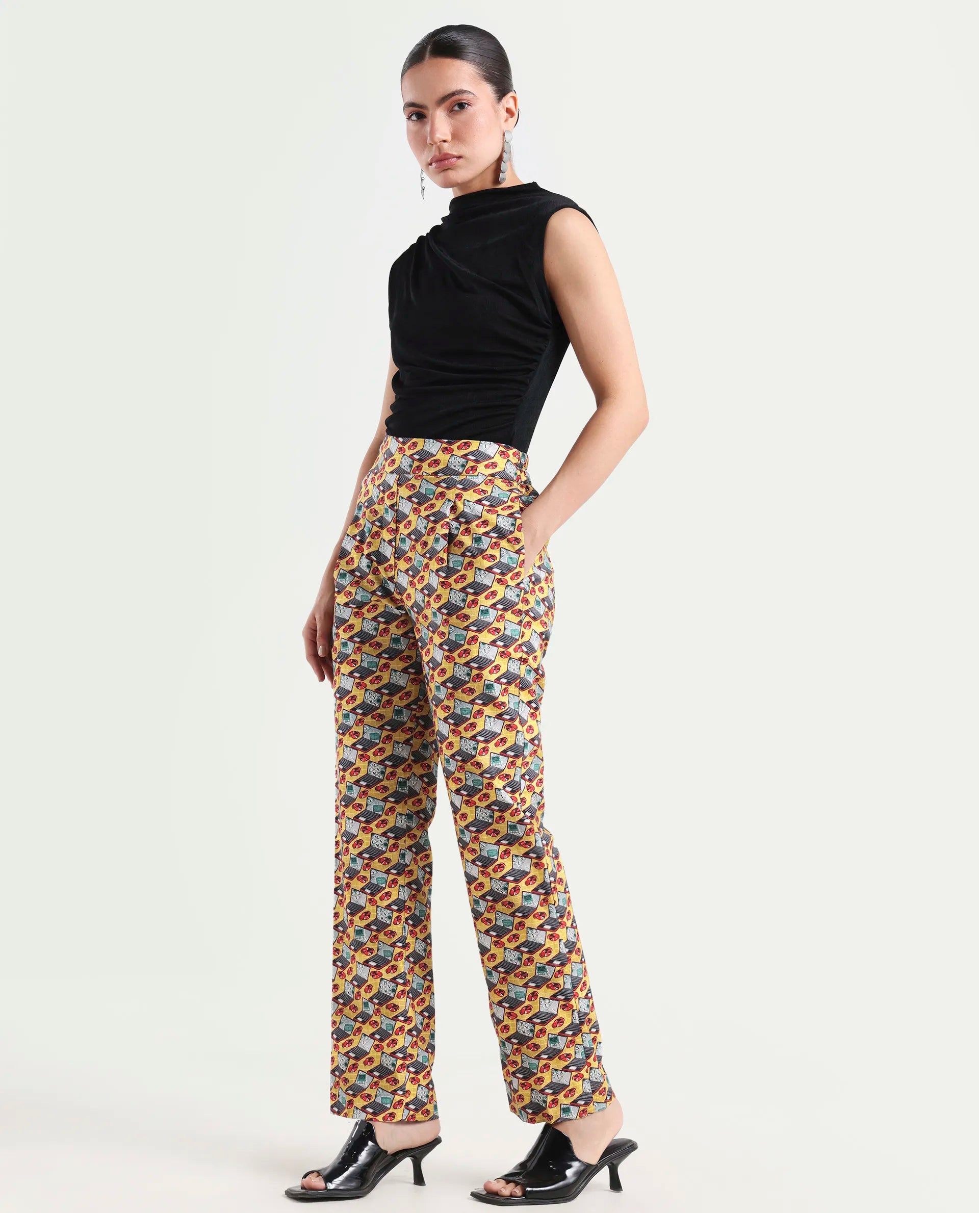 Rareism Women's Hertie-B Yellow Cotton Blend Geometric Print Ankle Length Straight Fit Trouser
