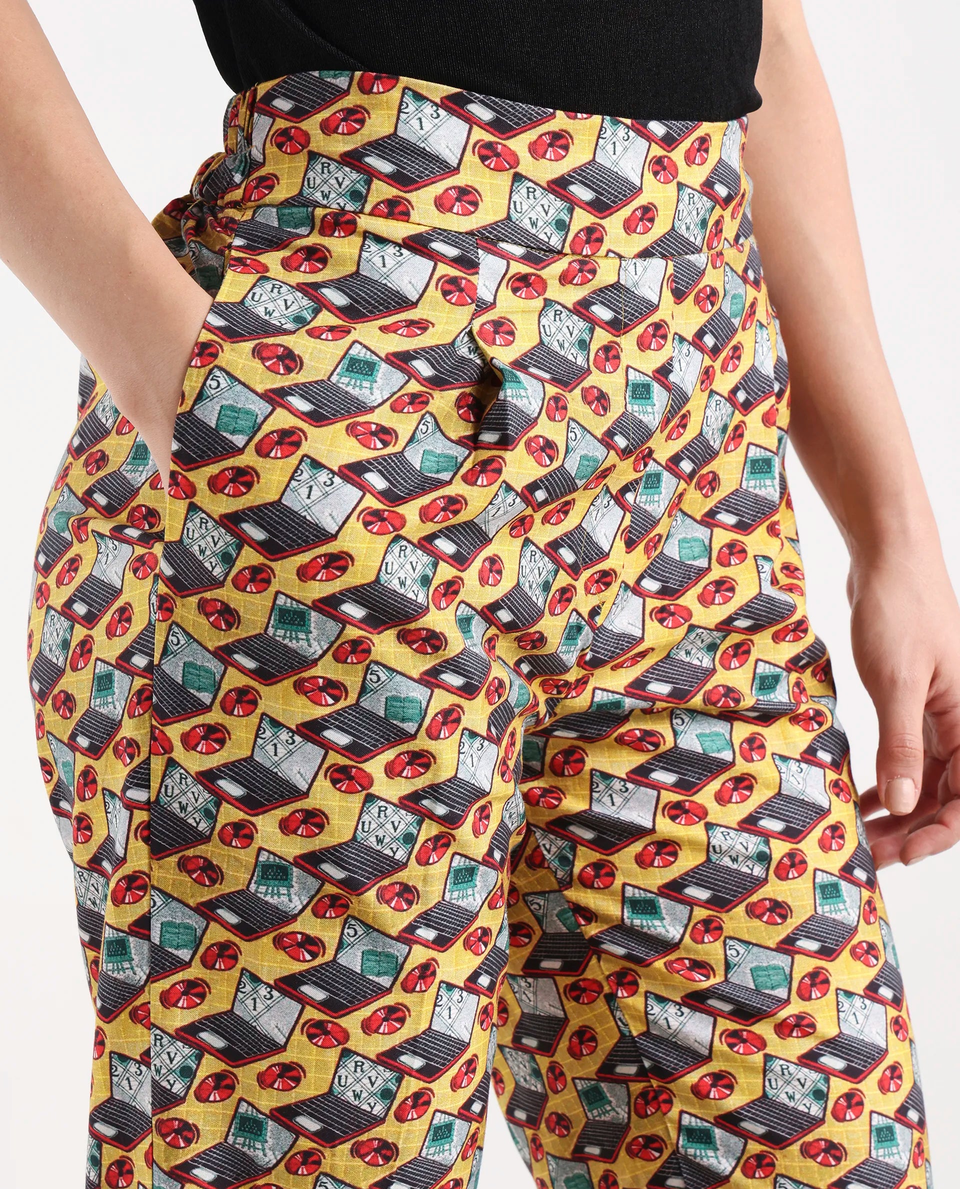 Rareism Women's Hertie-B Yellow Cotton Blend Geometric Print Ankle Length Straight Fit Trouser