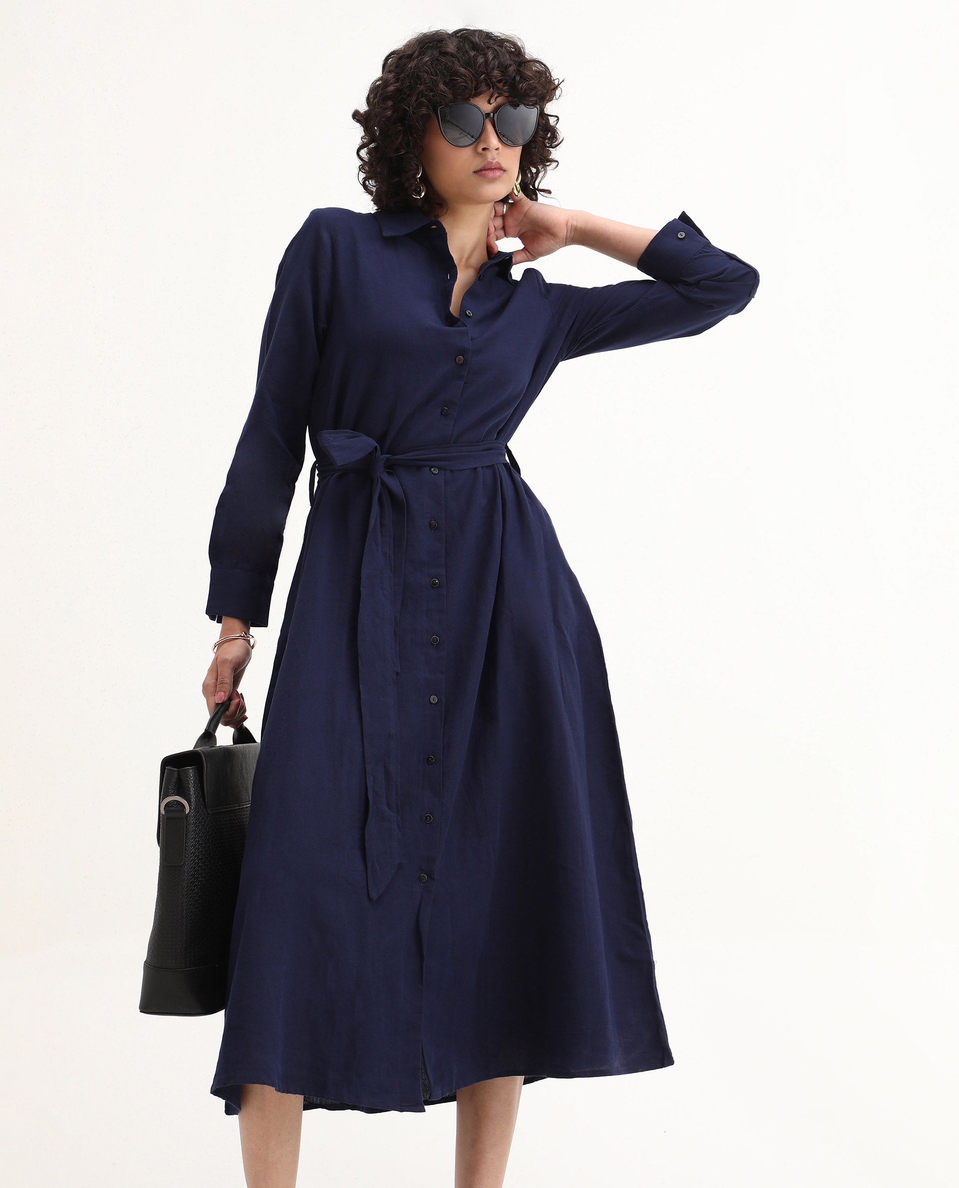 Rareism Women's Perif Dark Navy Linen Blend Drop Collar Plain Cuffed Sleeve Midi A-Line Dress