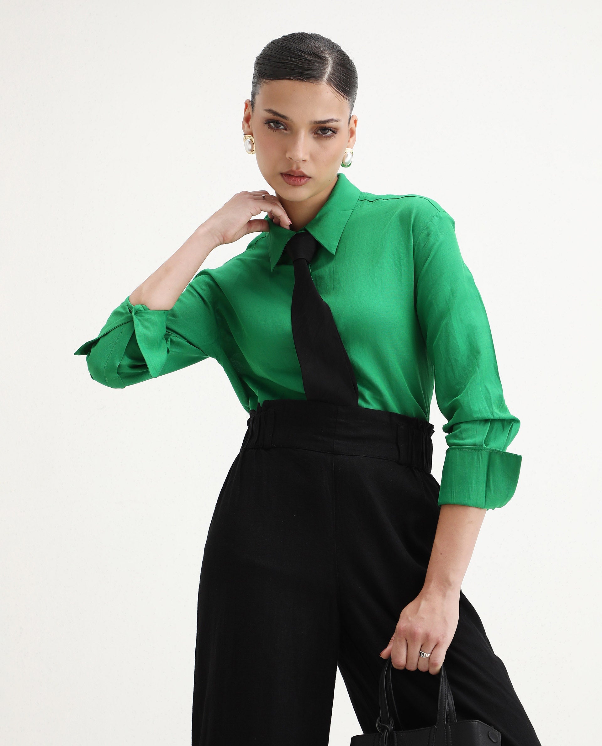 Rareism Women's Harper Green Linen Spread Collar Plain Regular Fit Top