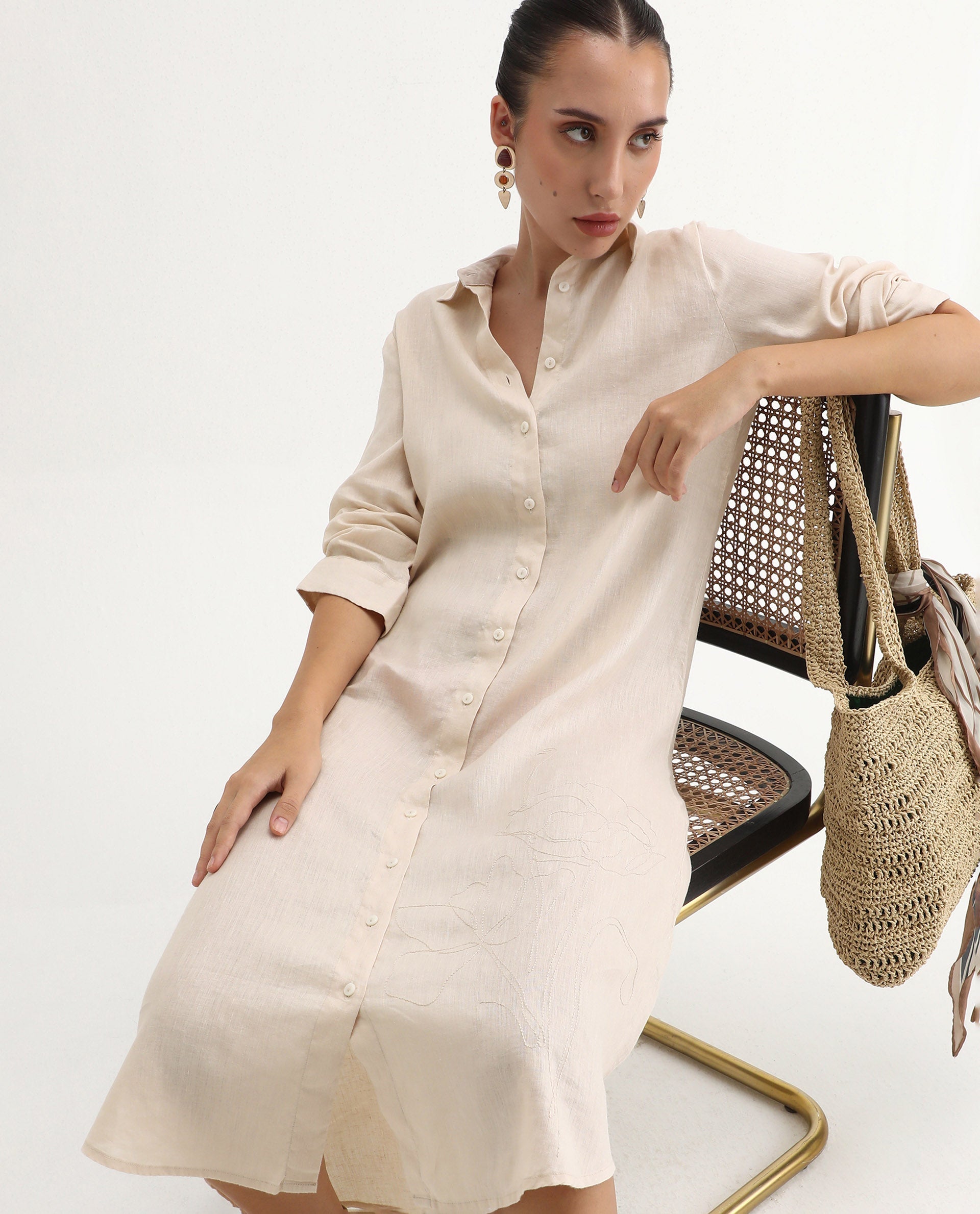 Rareism Women's Peruviano Beige Cotton Blend Drop Collar Plain Cuffed Sleeve Midi A-Line Dress