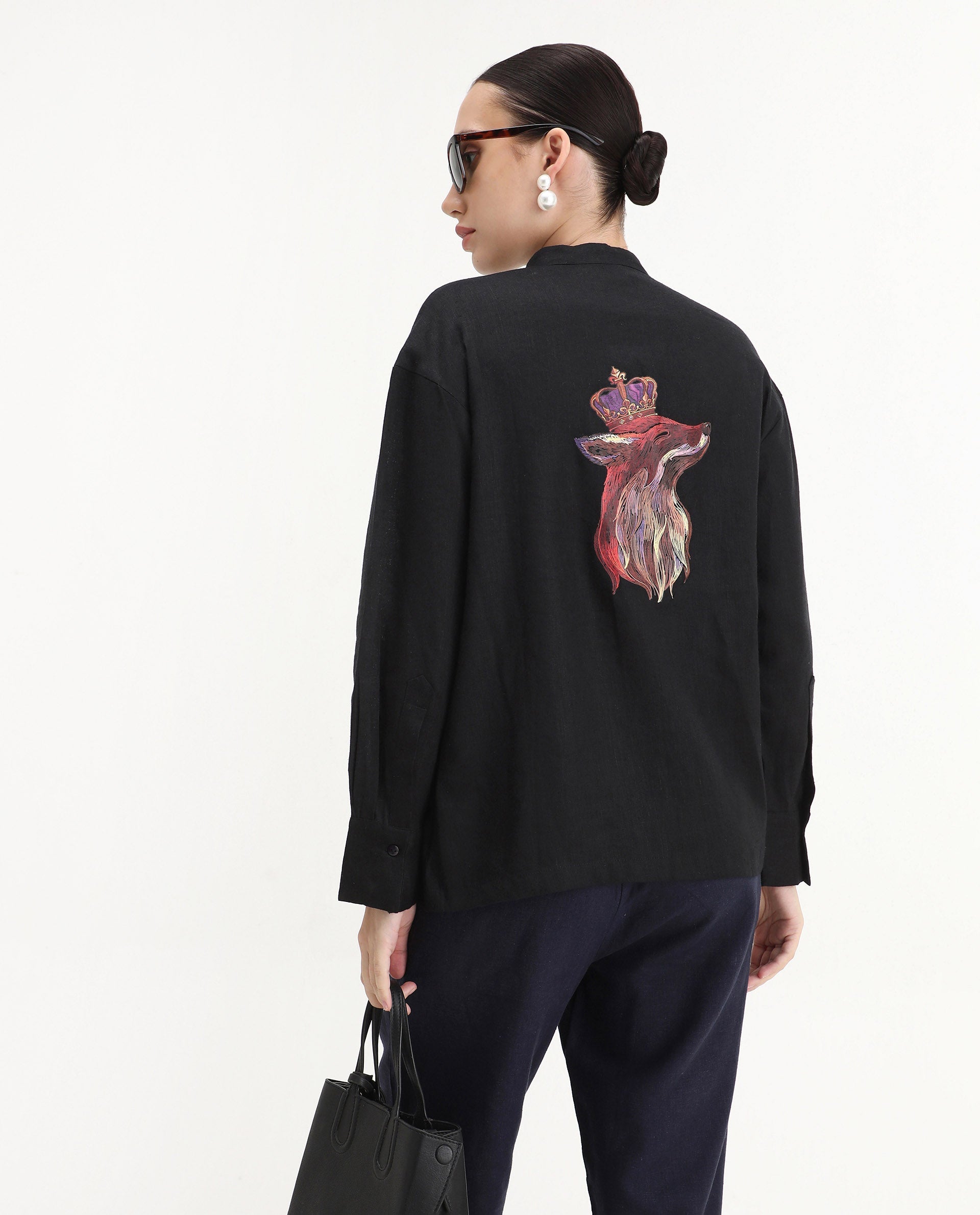 Rareism Women's Aruba Black Cotton Linen Drop Collar Plain Cuffed Sleeve Regular Fit Shirt