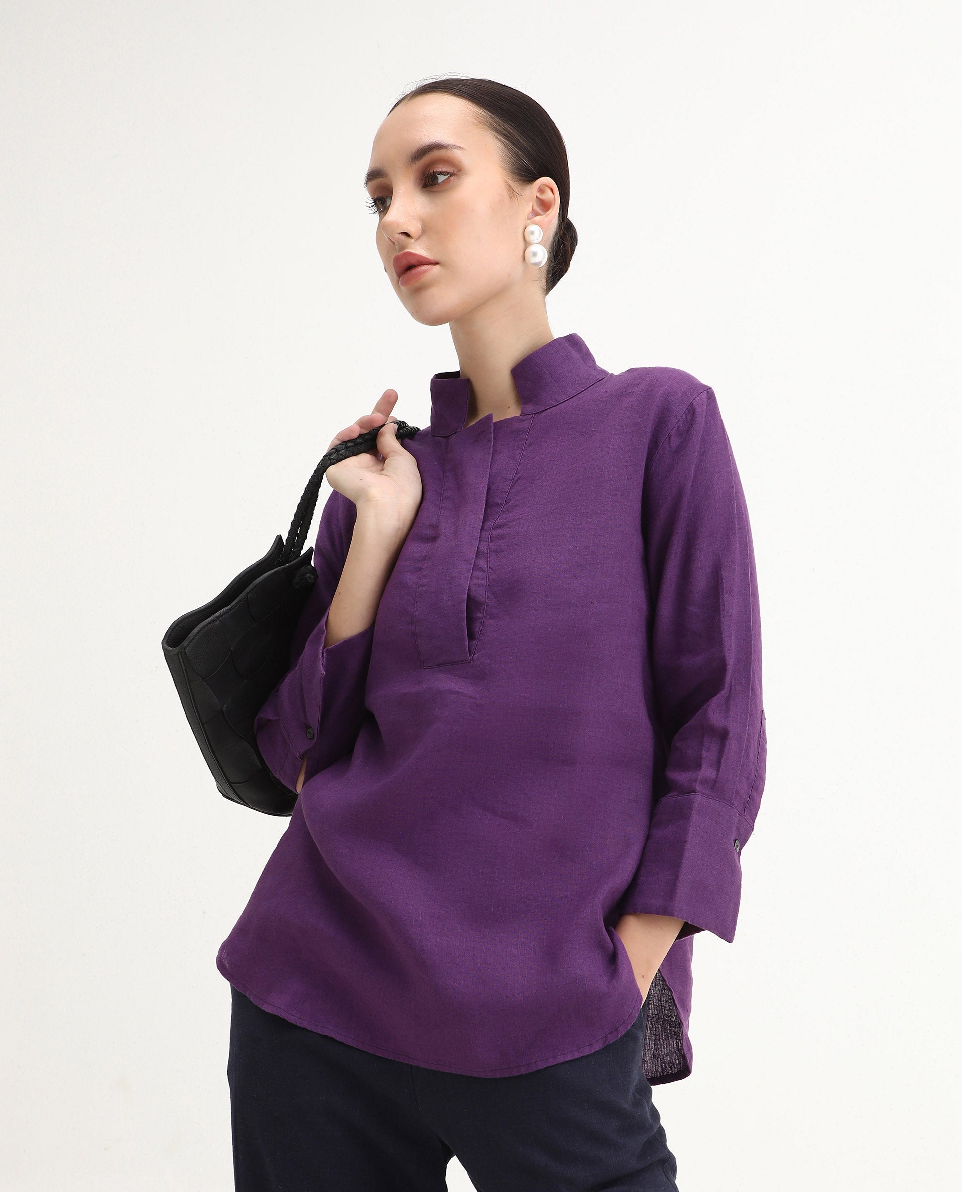 Rareism Women's Laos Purple Cotton Blend V-Neck Plain Regular Fit Top