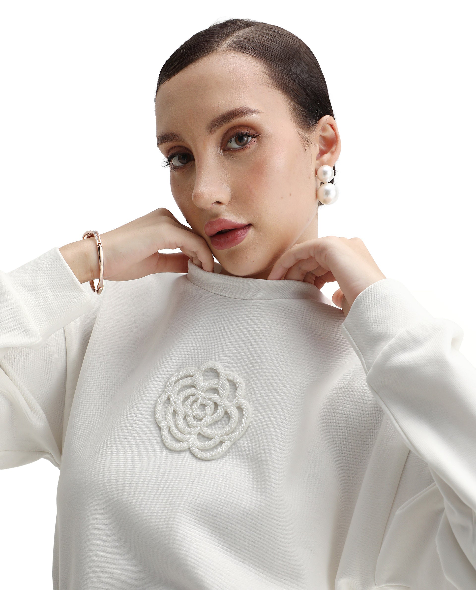 Rareism Women's Flaf Off White Cotton Blend Crew Neck Regular Fit Printed Sweatshirt