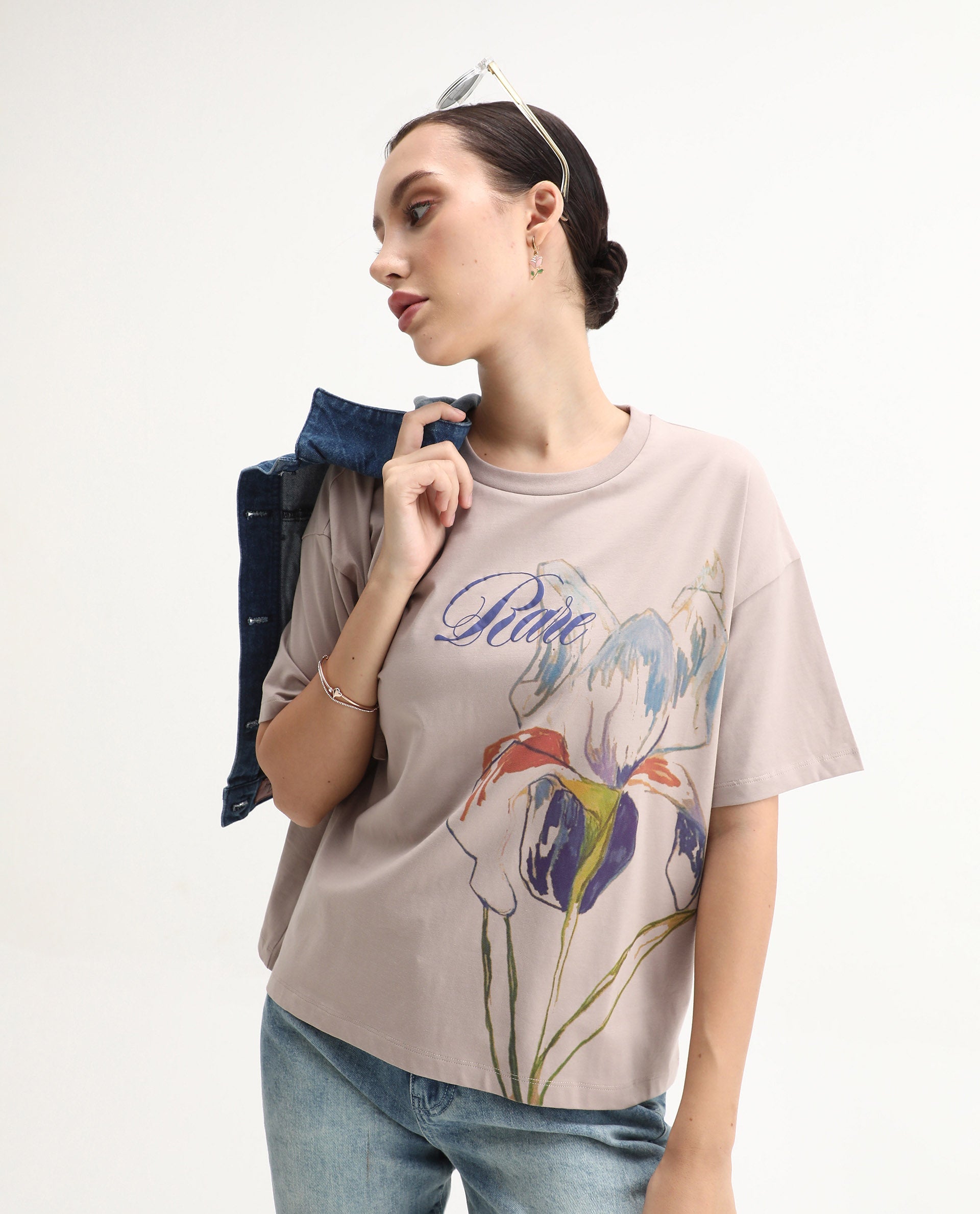 Rareism Women's Fero Beige Cotton Blend Crew Neck Relaxed Fit T-Shirt