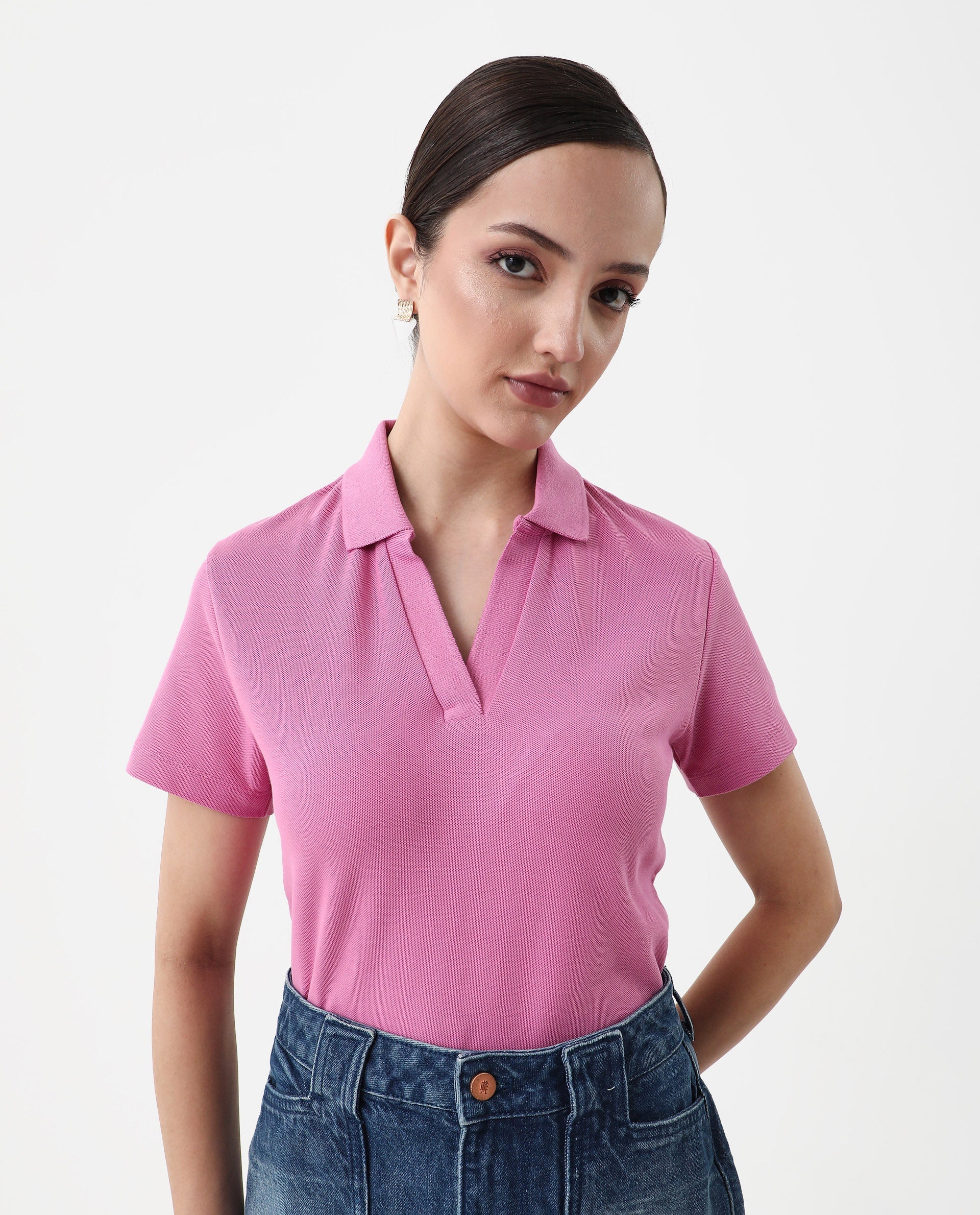 Rareism Women's Vano Pink Cotton Crew Neck Graphic Print Oversized Polo