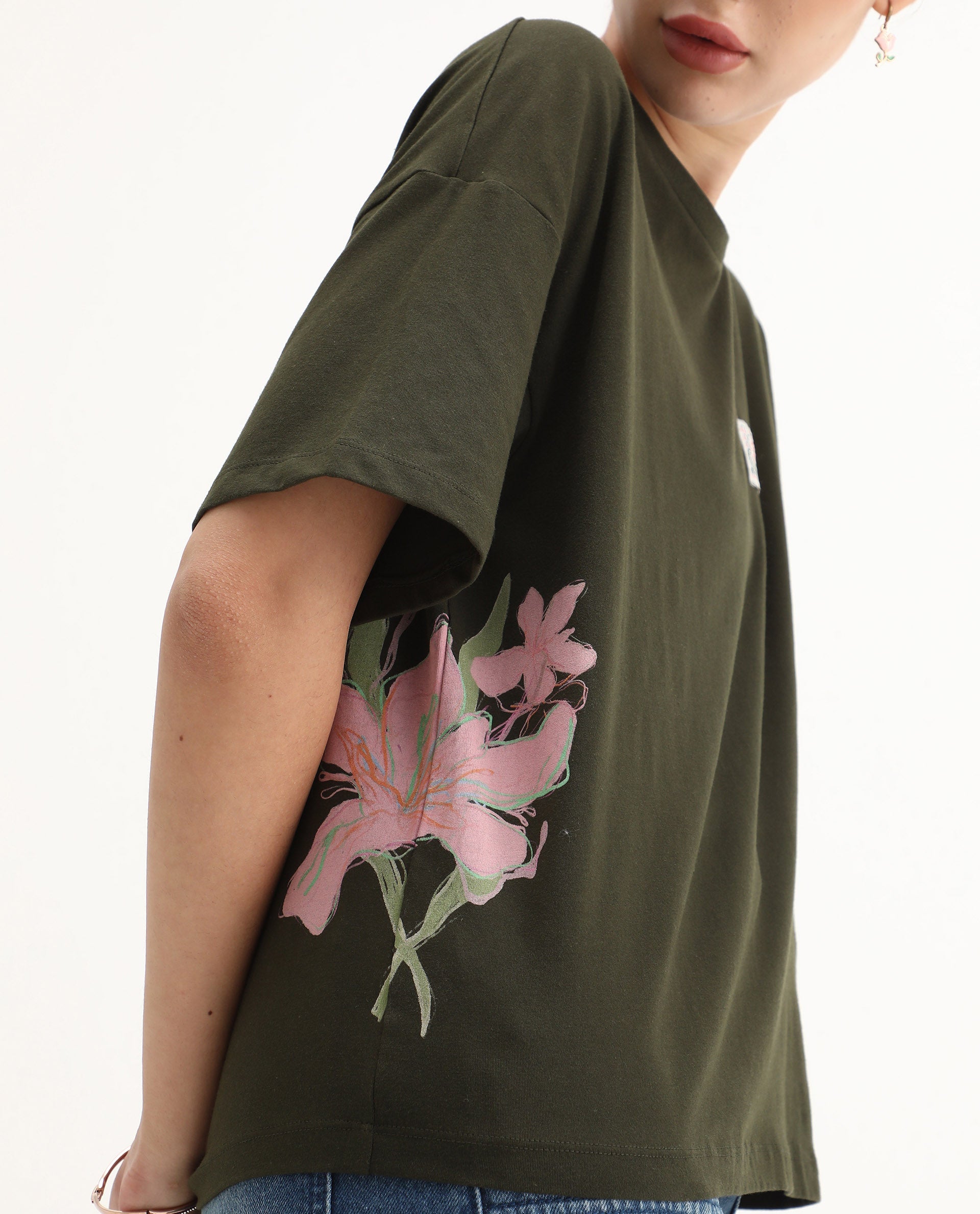 Rareism Women's Couler Olive Cotton Blend Crew Neck Graphic Print Relaxed Fit T-Shirt