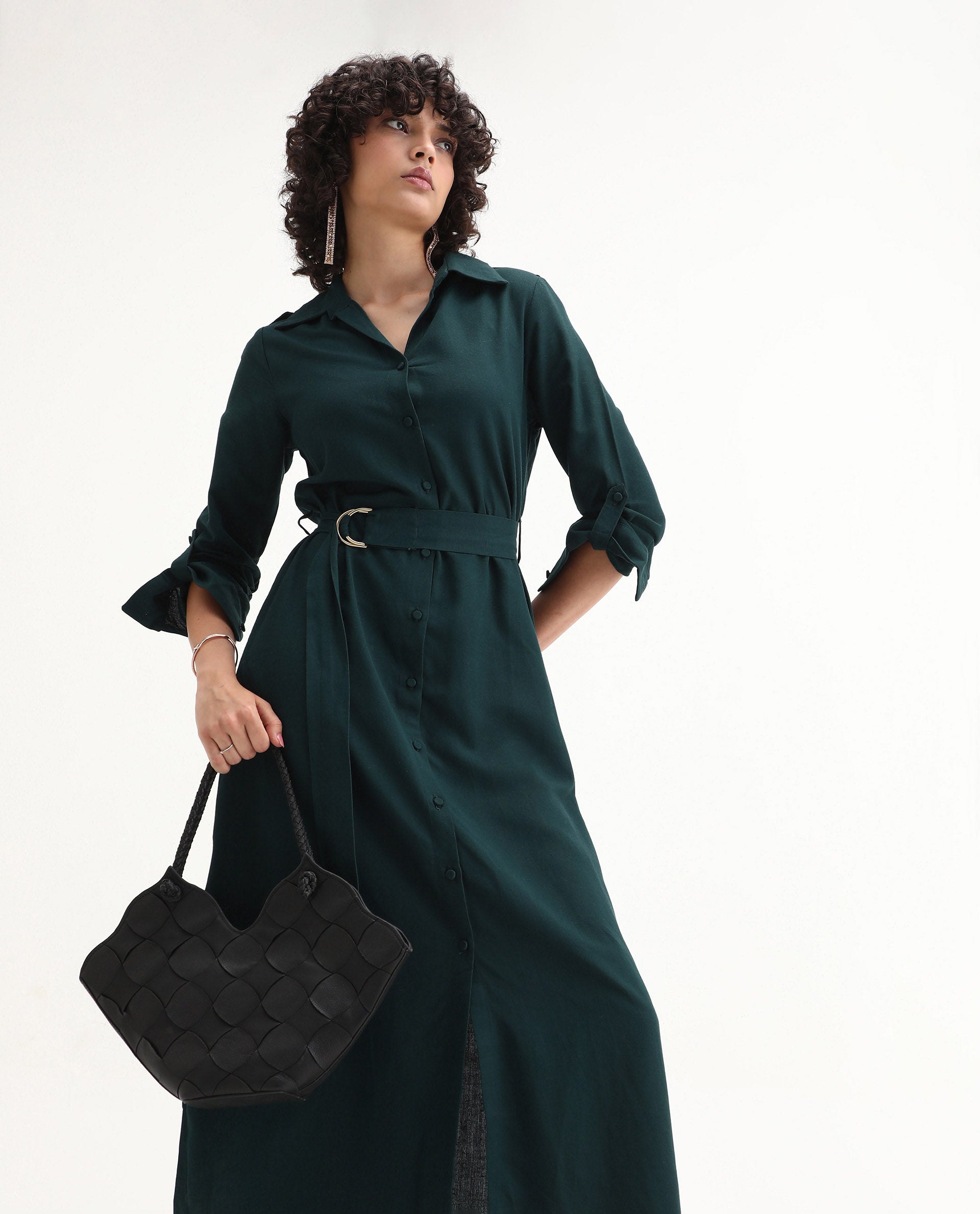 Rareism Women's Gellem Green Cotton Blend Drop Collar Plain Cuffed Sleeve Midi A-Line Dress