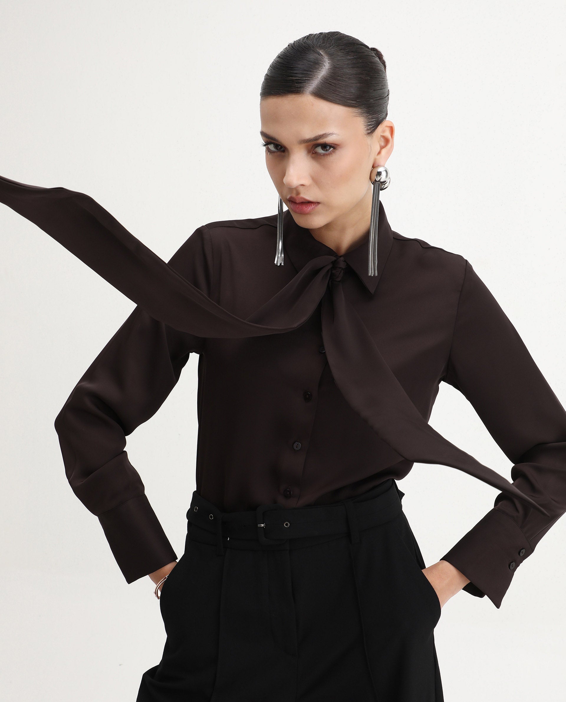 Rareism Women's Aviol Brown Polyester Collared Neck Regular Fit Shirt