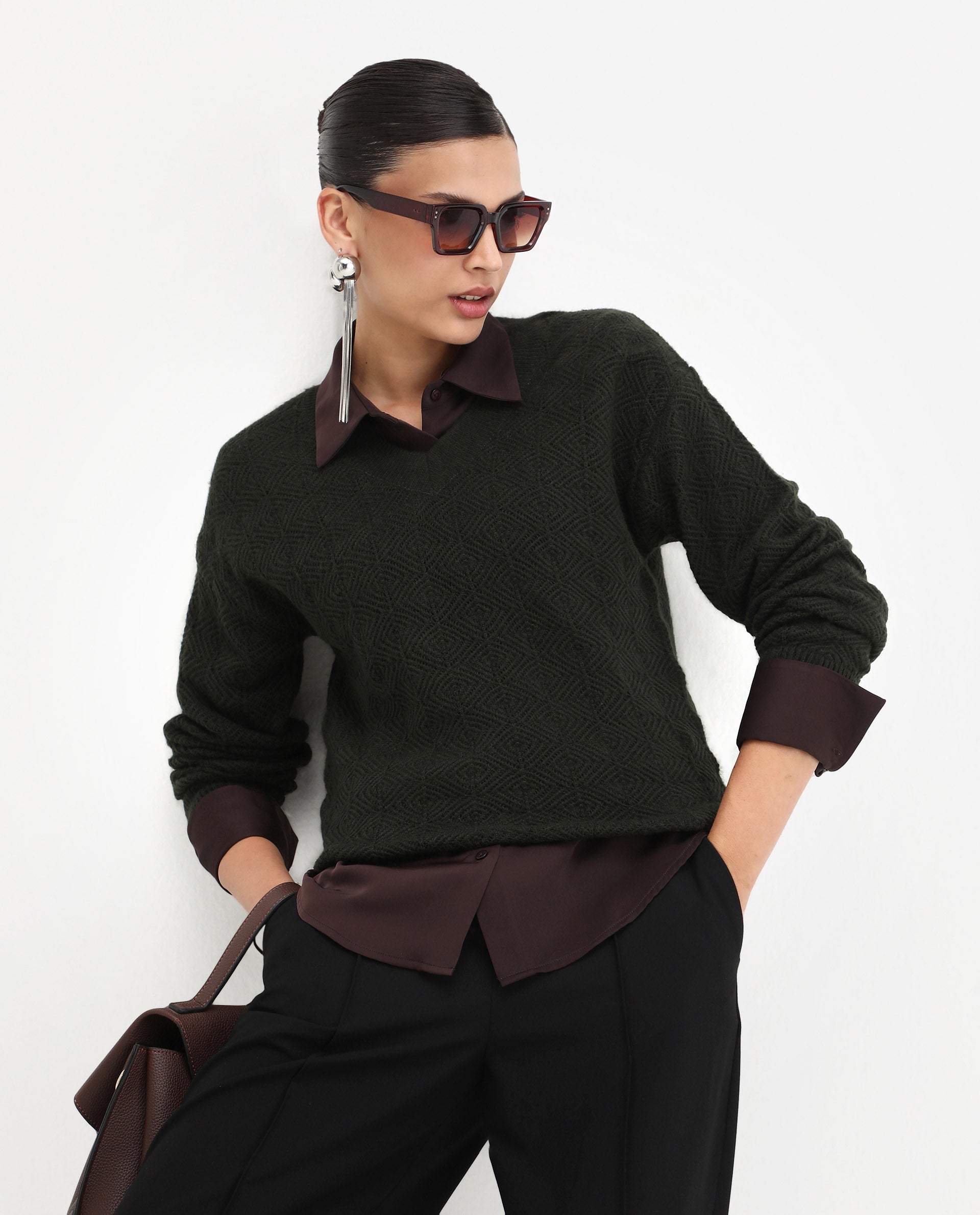 Rareism Women's Vihi Dark Olive Acrylic Blend V-Neck Plain Relaxed Fit Sweater