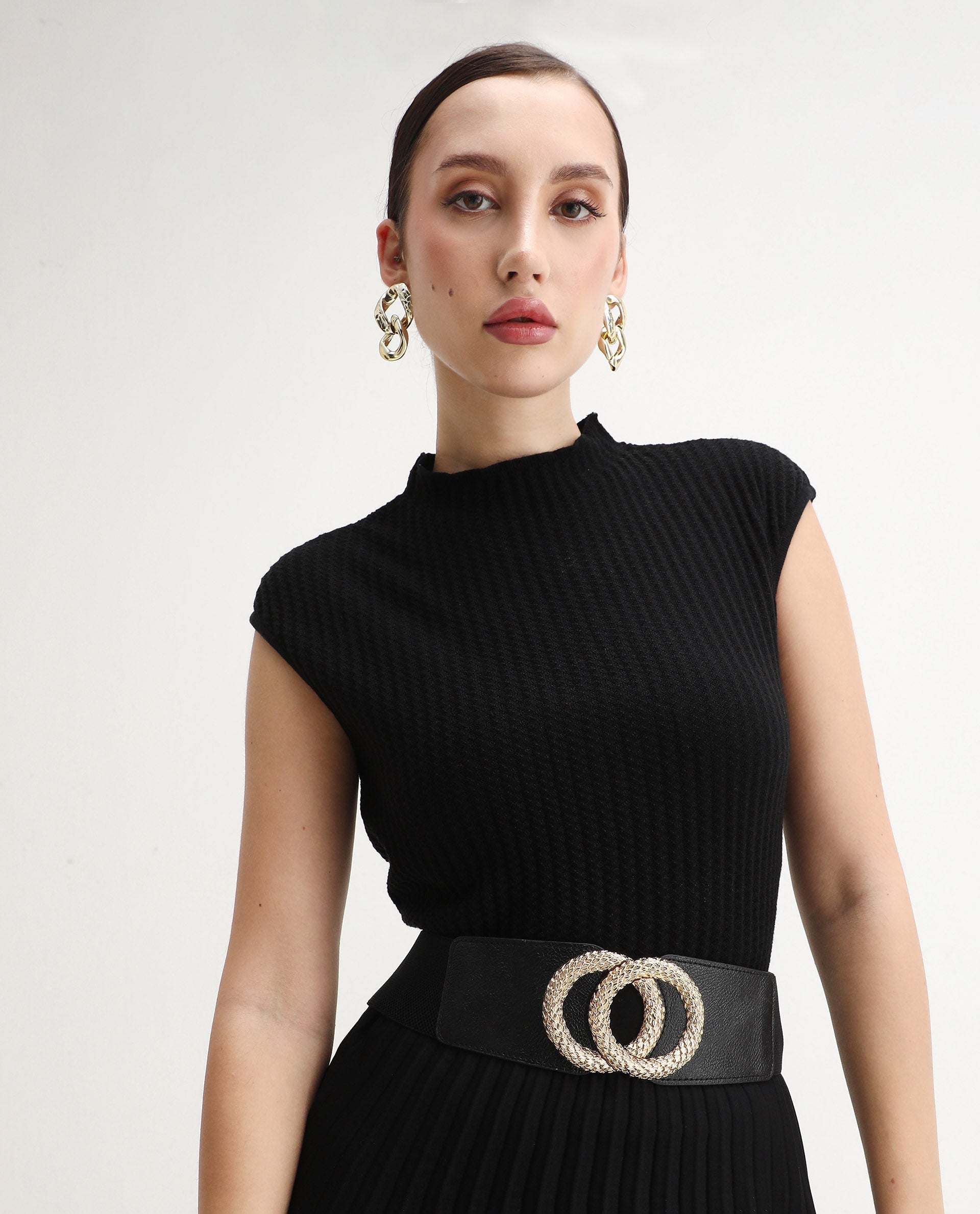 Rareism Women's Afmat Black Acrylic High Neck Plain Sleeveless Regular Fit Top