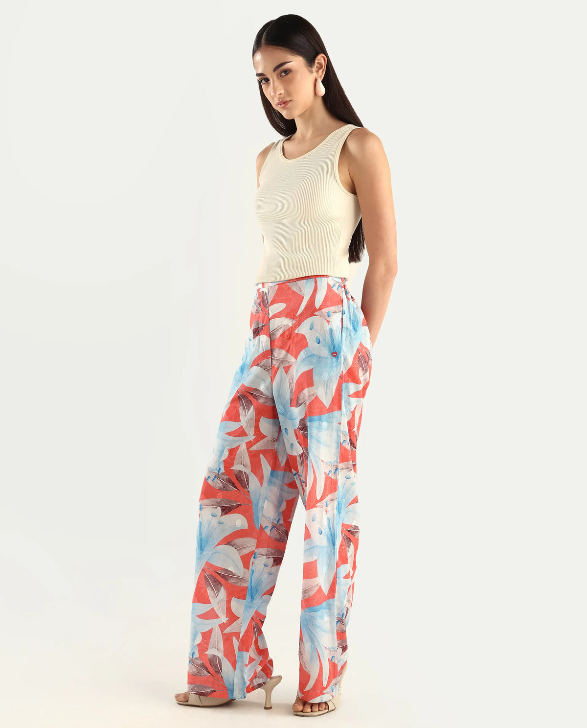 Rareism Women's Housto-B Pink Cotton Floral Print Straight Fit Trouser