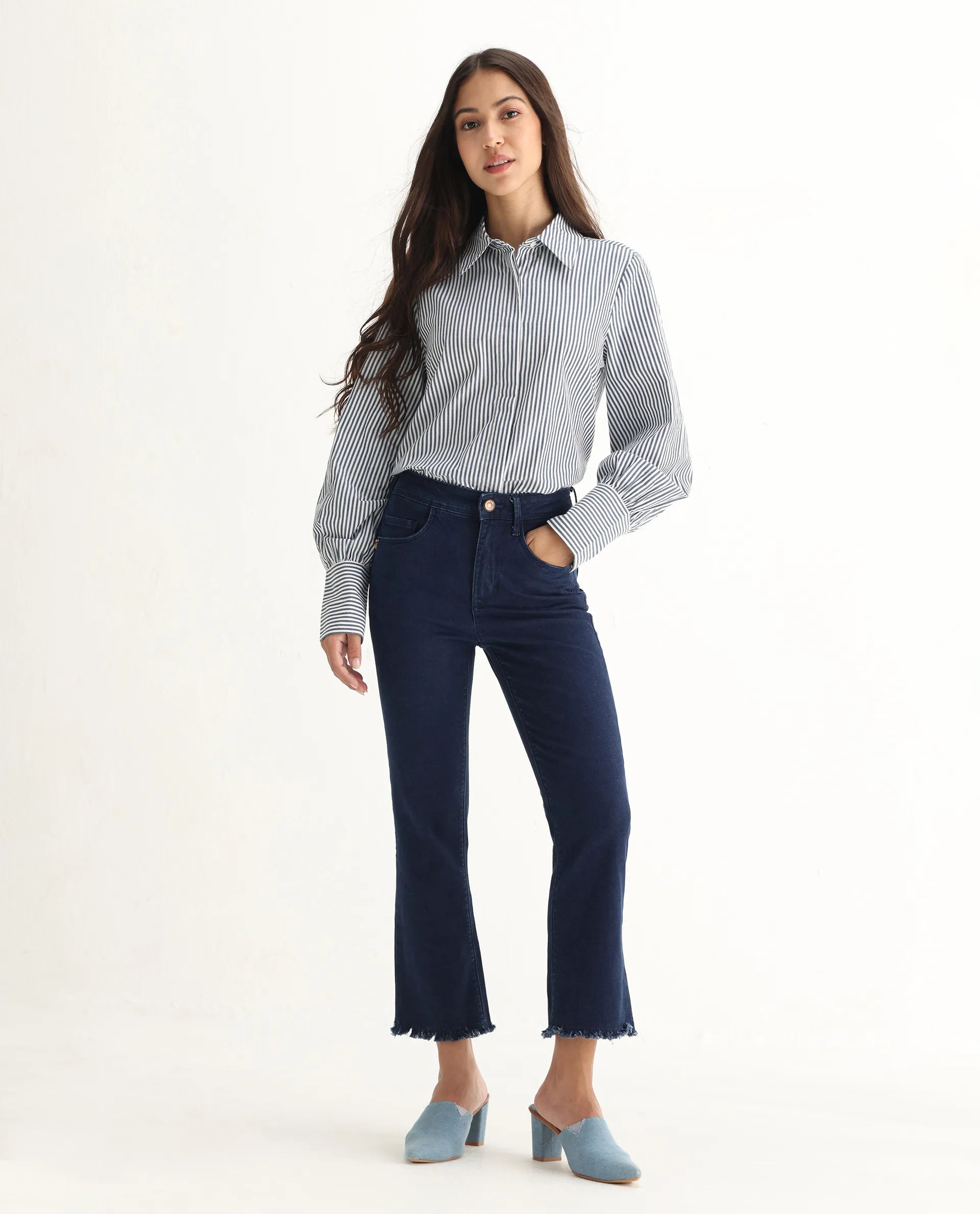 Rareism Women's Hugo Blue Cotton Plain Ankle Length Relaxed Fit Jeans