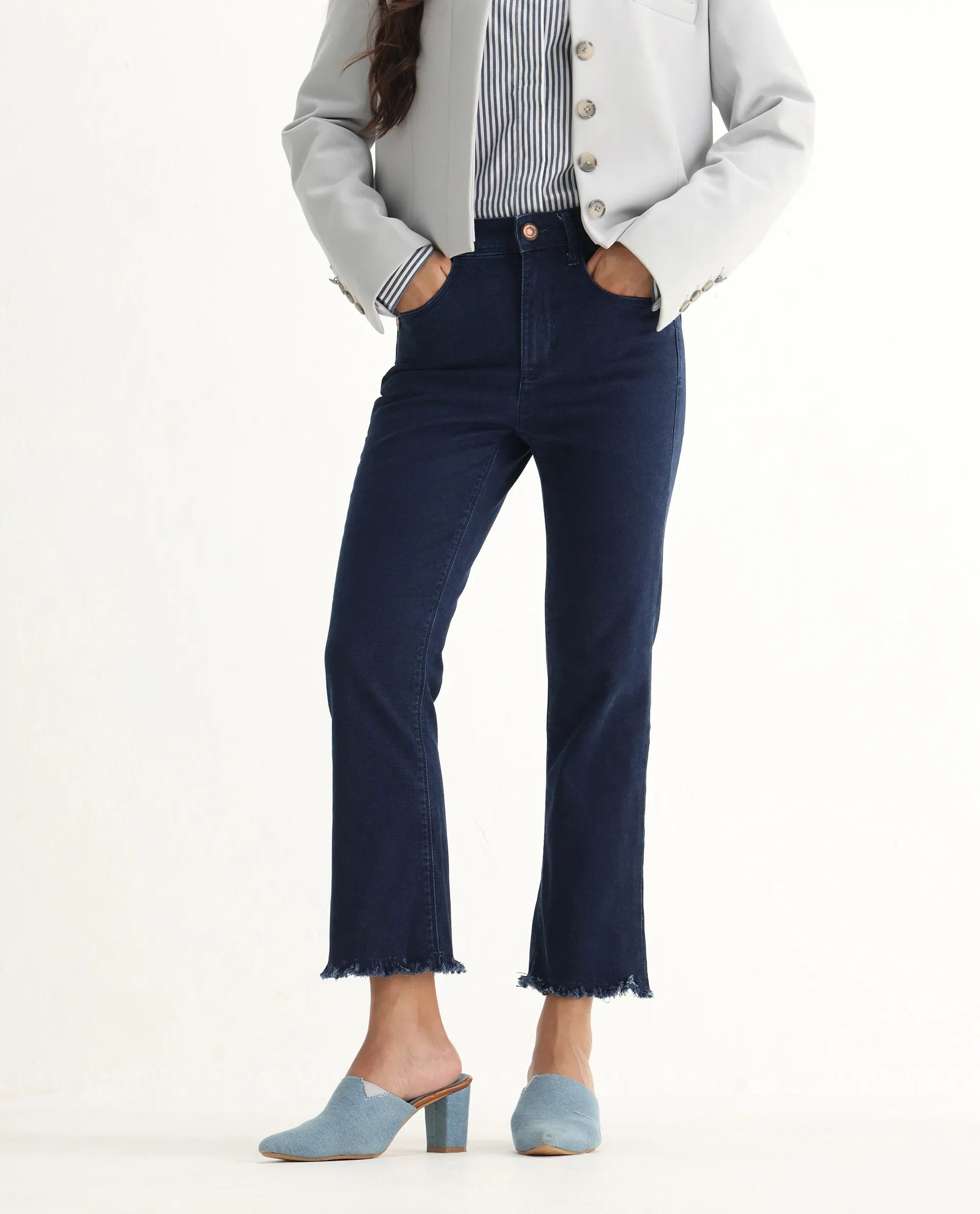 Rareism Women's Hugo Blue Cotton Plain Ankle Length Relaxed Fit Jeans