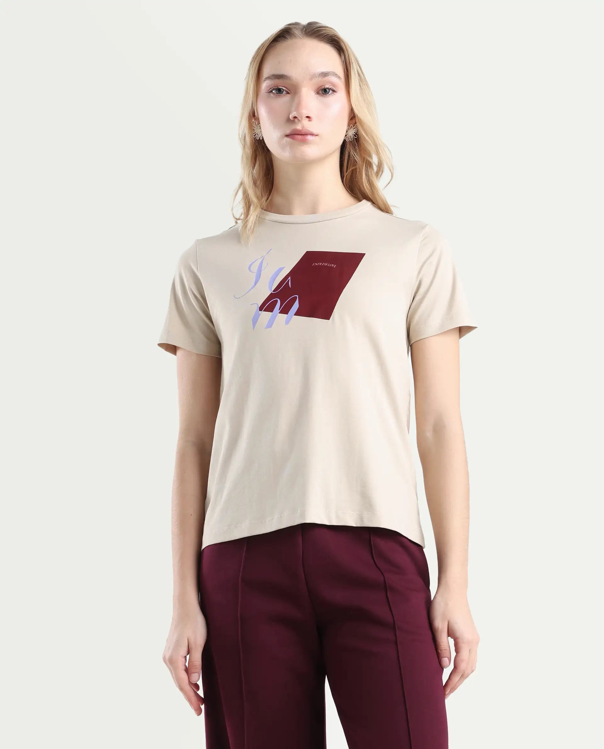 Rareism Women's Ian Beige Cotton Blend Crew Neck Regular Fit T-Shirt