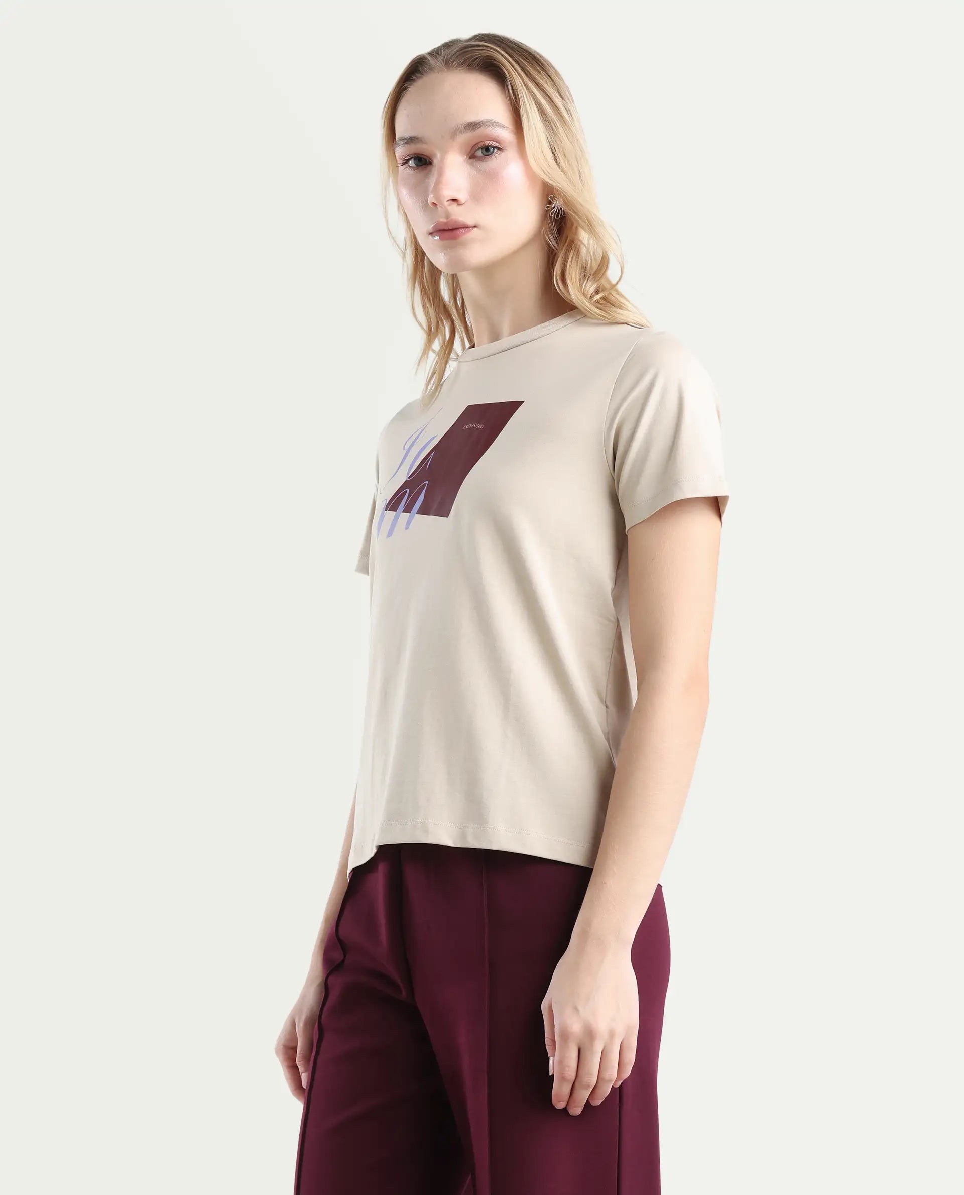 Rareism Women's Ian Beige Cotton Blend Crew Neck Regular Fit T-Shirt