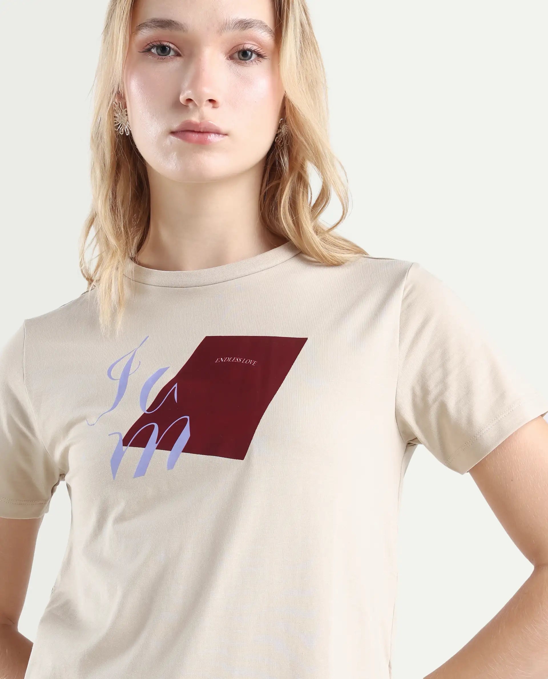 Rareism Women's Ian Beige Cotton Blend Crew Neck Regular Fit T-Shirt