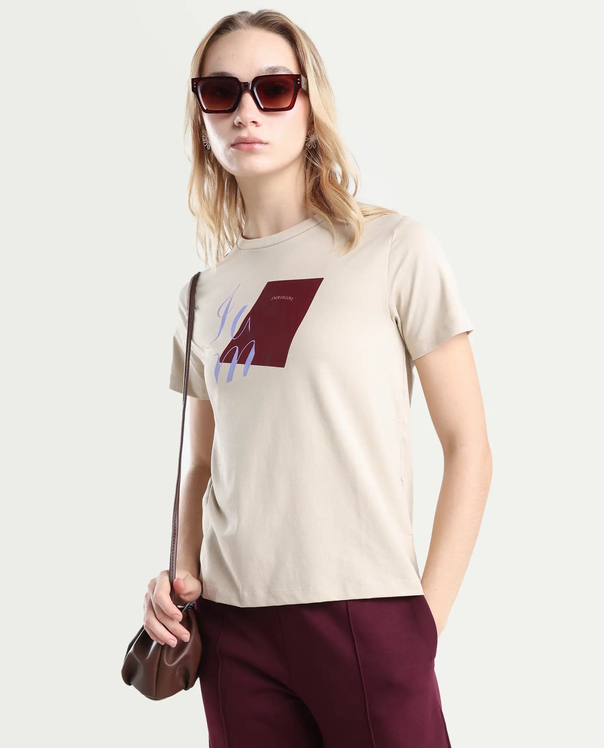 Rareism Women's Ian Beige Cotton Blend Crew Neck Regular Fit T-Shirt