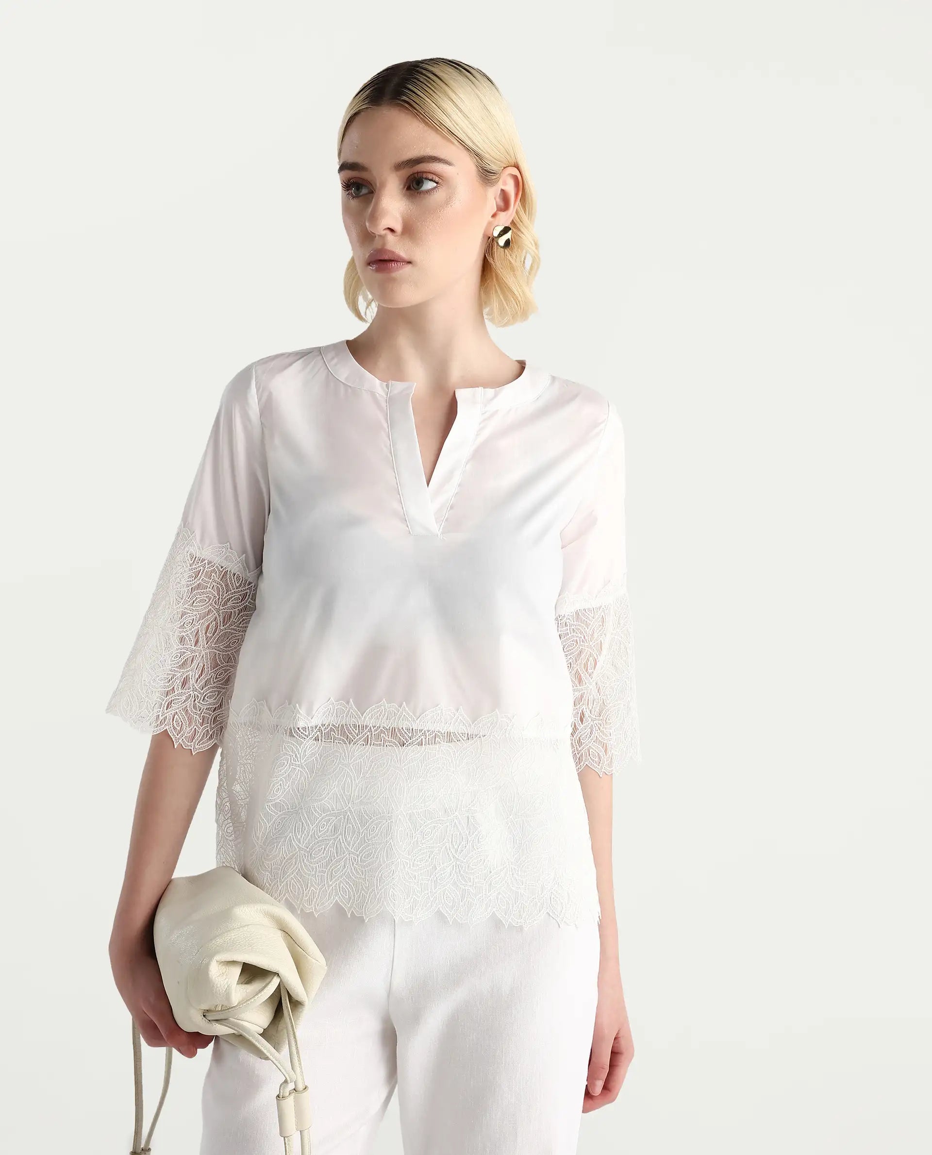 Rareism Women's Inna White Cotton Crew Neck Plain Regular Fit Top