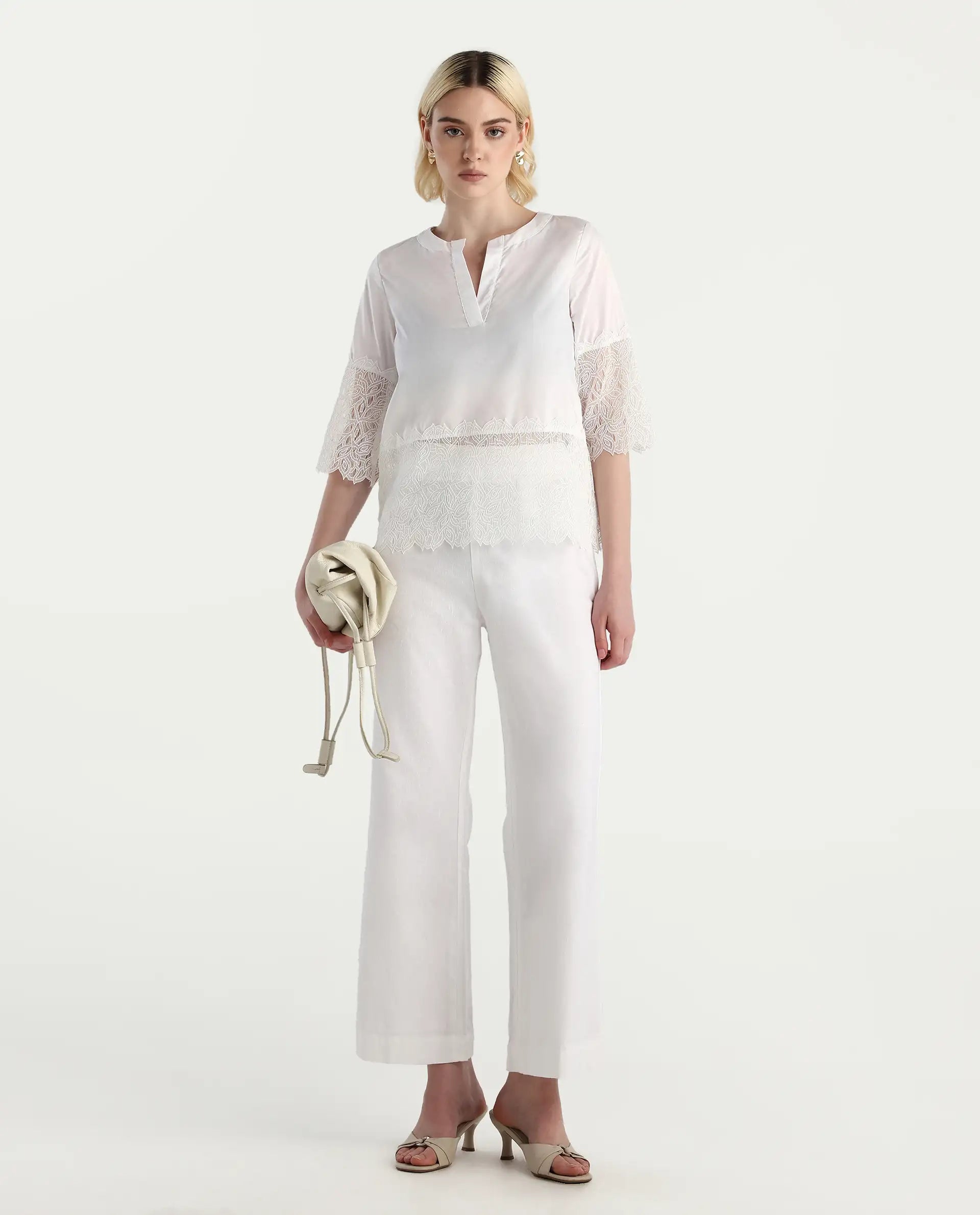 Rareism Women's Inna White Cotton Crew Neck Plain Regular Fit Top