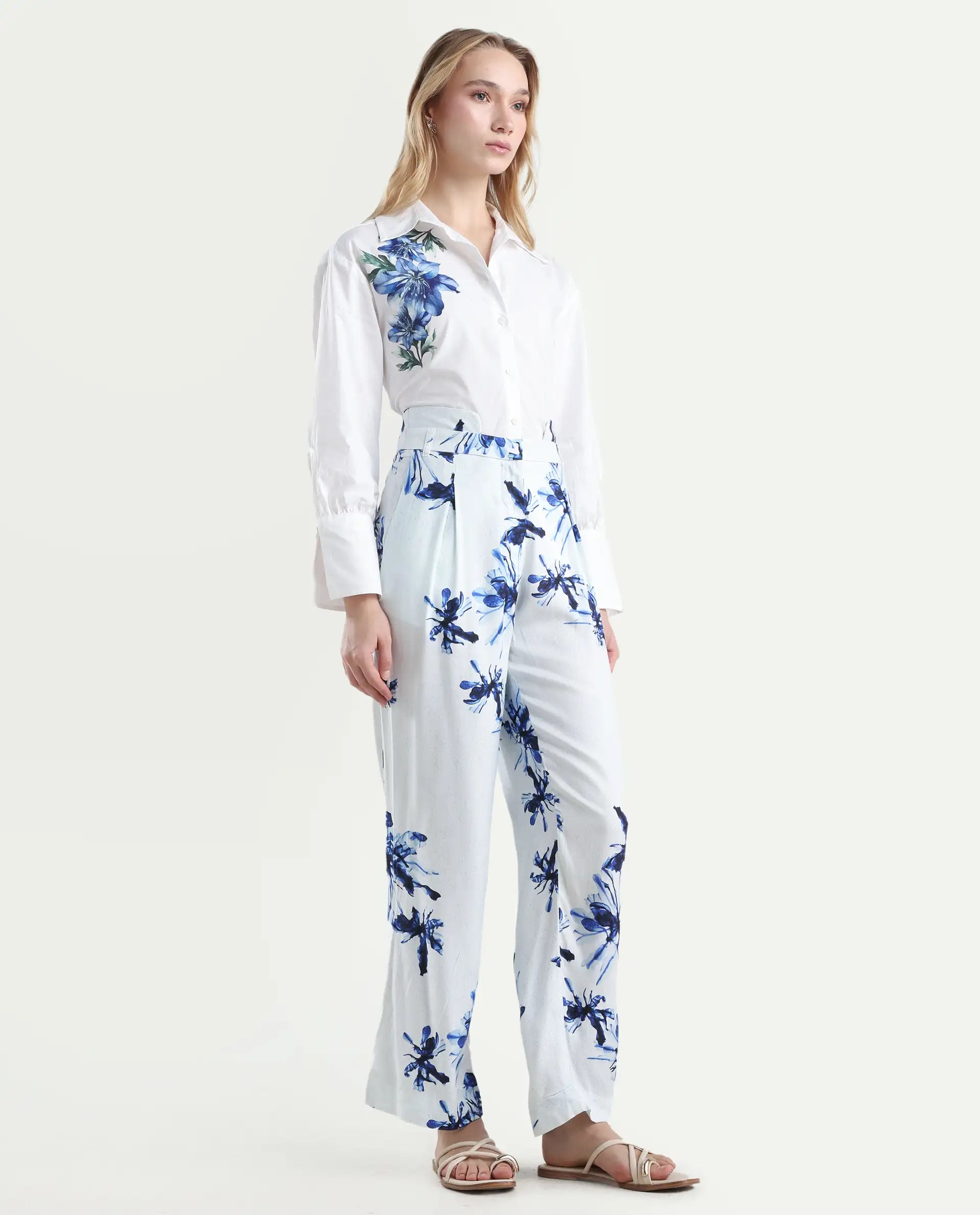 Rareism Women's Irish White Polyester Blend Floral Print Ankle Length Regular Fit Trouser