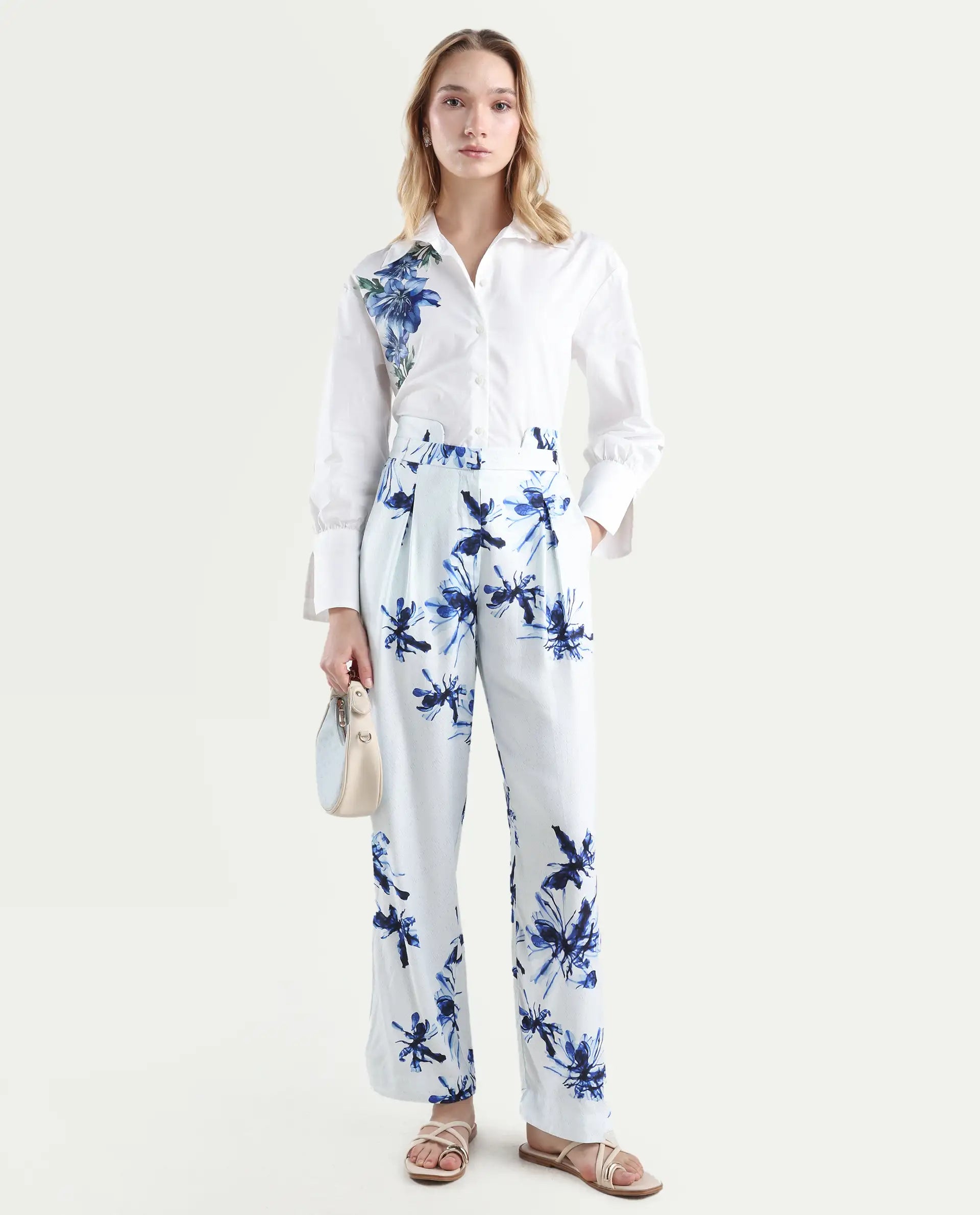 Rareism Women's Irish White Polyester Blend Floral Print Ankle Length Regular Fit Trouser