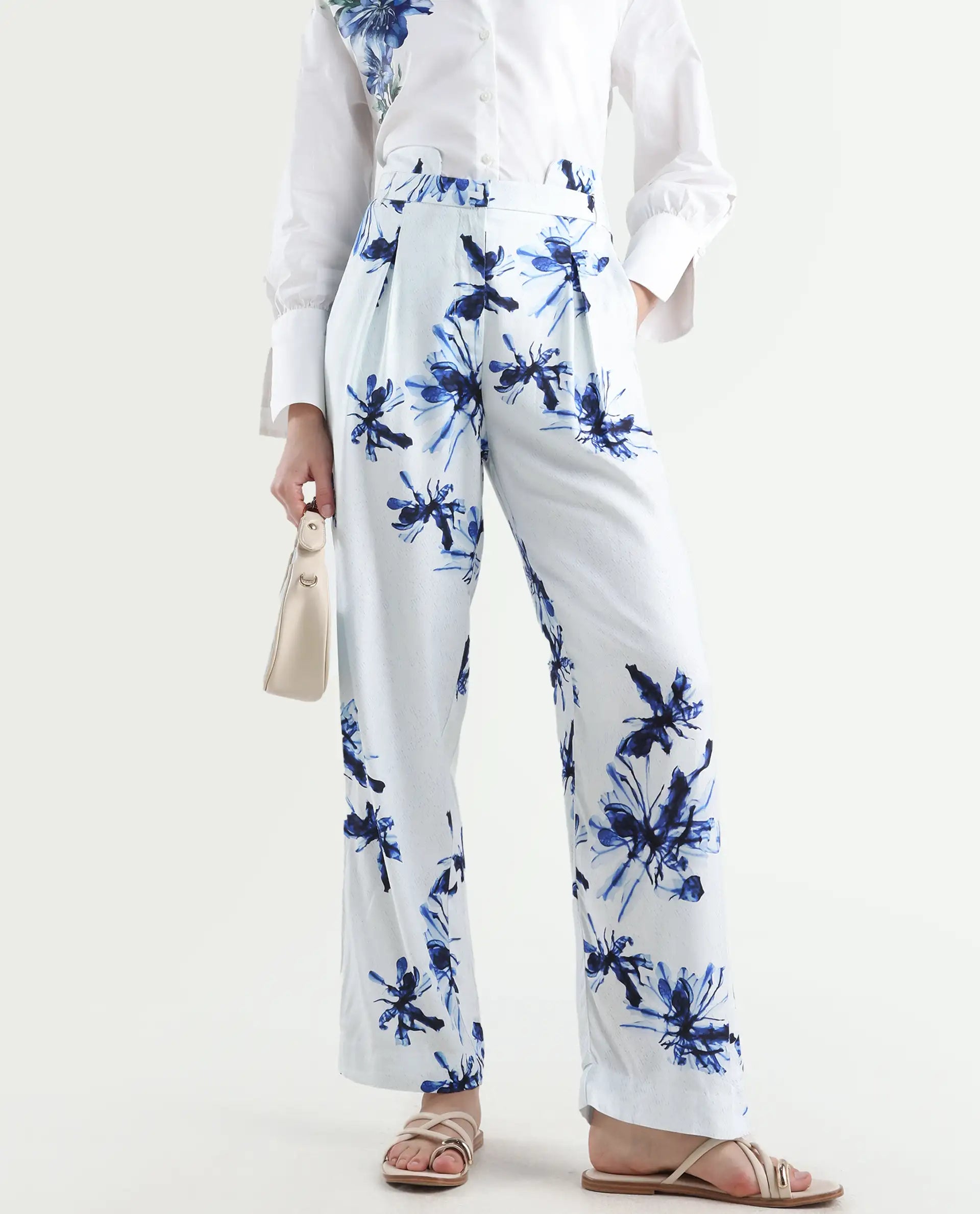Rareism Women's Irish White Viscose Floral Print Ankle Length Regular Fit Trouser