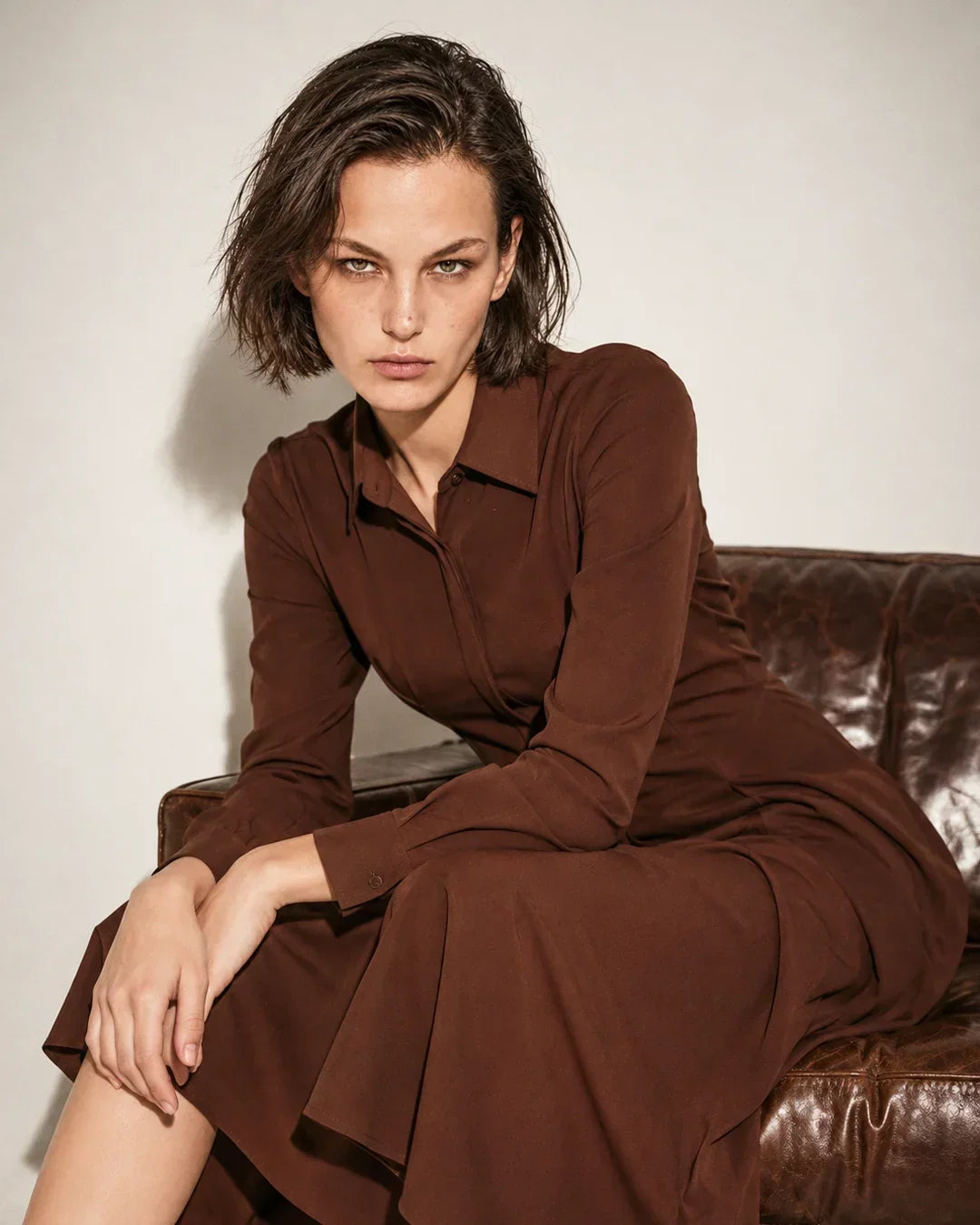 Rareism Women's Qovai Brown Polyester Spread Collar Flared Plain Dress