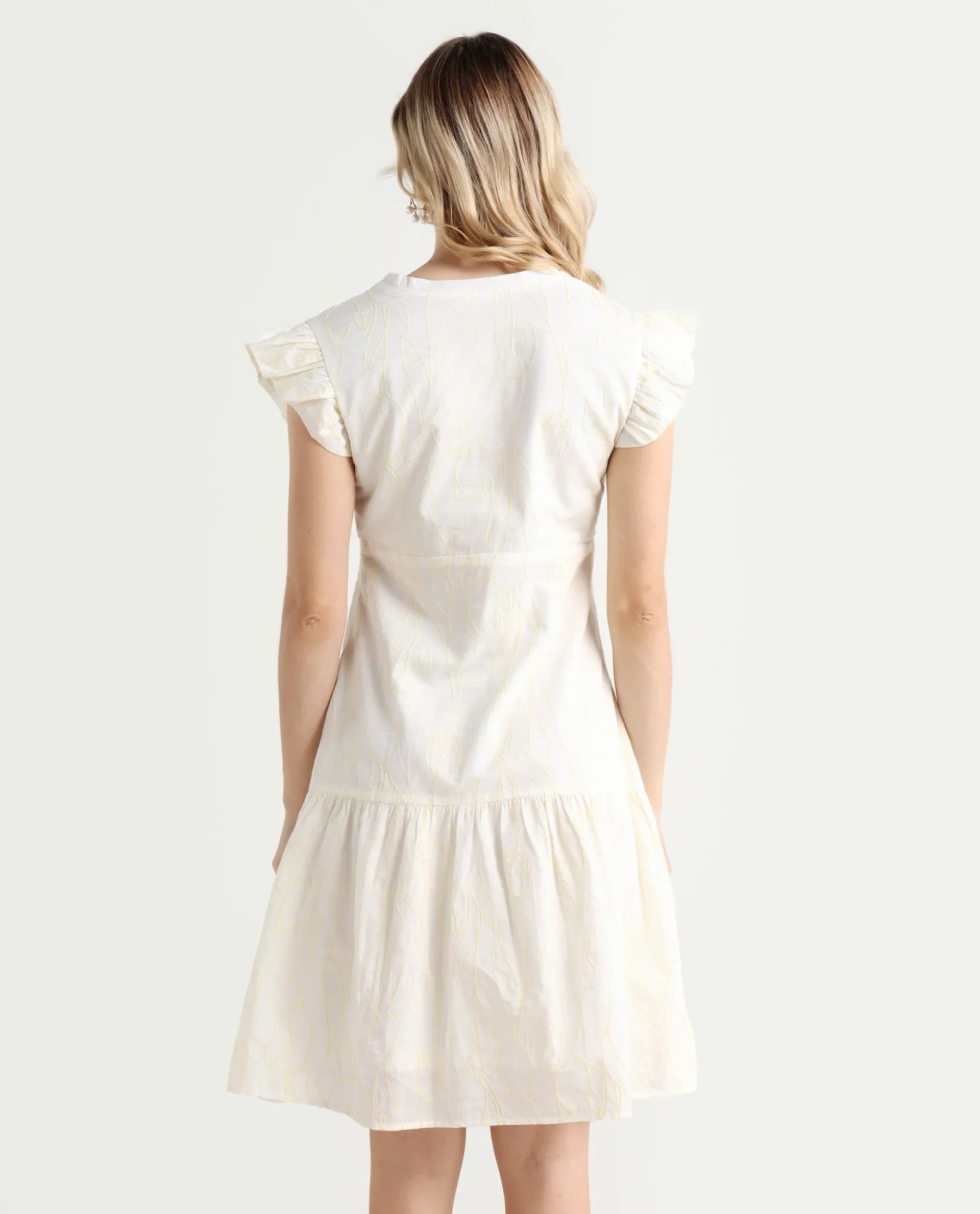 Rareism Women's Janarivi Off White Cotton V-Neck Embroidered Ruffled Sleeve Knee Length Fit And Flare Dress